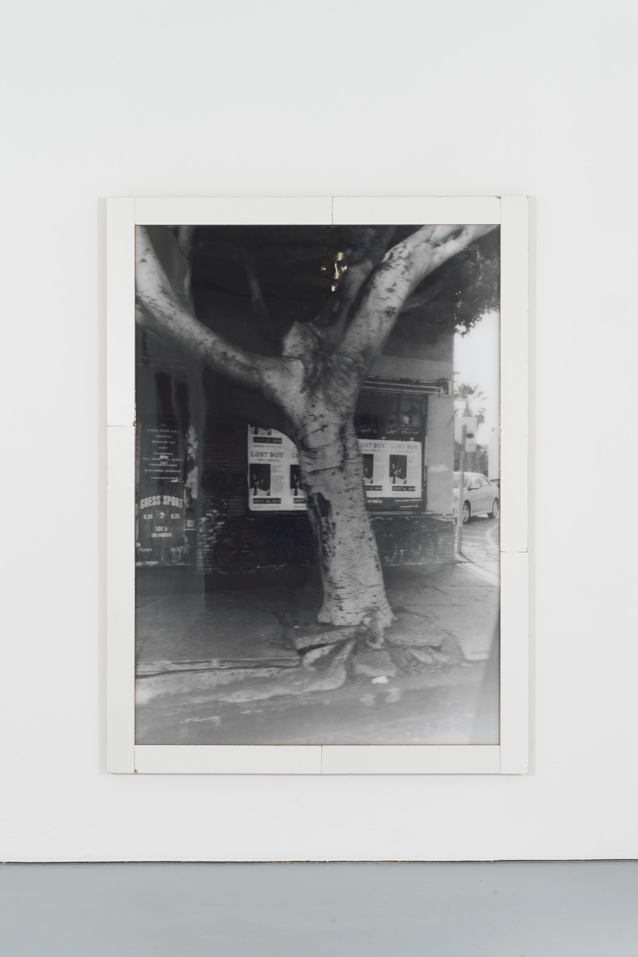 Exhibition View Duo Show Yvan Alvarez and Dylan Hausthor «Upon Onda; view on Yvan Alvarez, IMG_8966, 2024, Black and white silver gelatin print, wood, resin, 194 x 142 x 4 cm » at Standard/Deluxe, Lausanne, 2024 / Photo: YAL / Courtesy: the artist and Standard/Deluxe