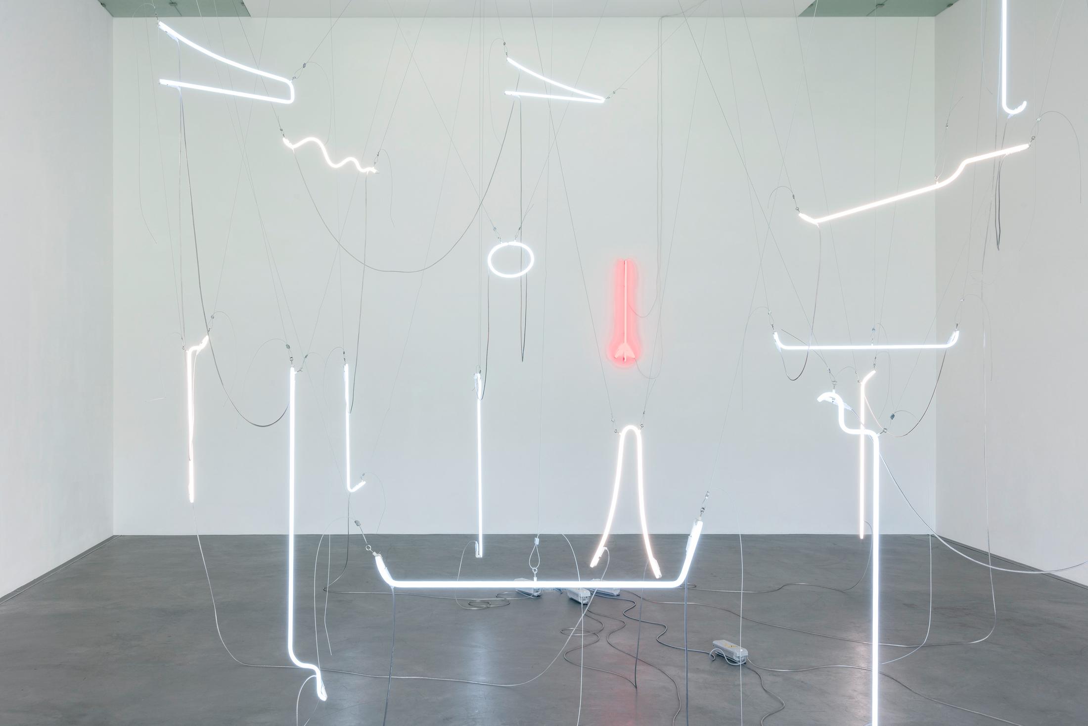 Exhibition View Solo Show Zora Berweger «GRETTING THE UNSEEN; view on Zora Berweger, Roots, 2023, Wire ropes, cables, neon, transformers, Variable dimensions» at Kunsthalle Kunstmuseum Appenzell, Appenzell, 2023-2024 / Photo: Stefan Rohner / Courtesy: the artist and Kunstmuseum Kunsthalle Appenzell