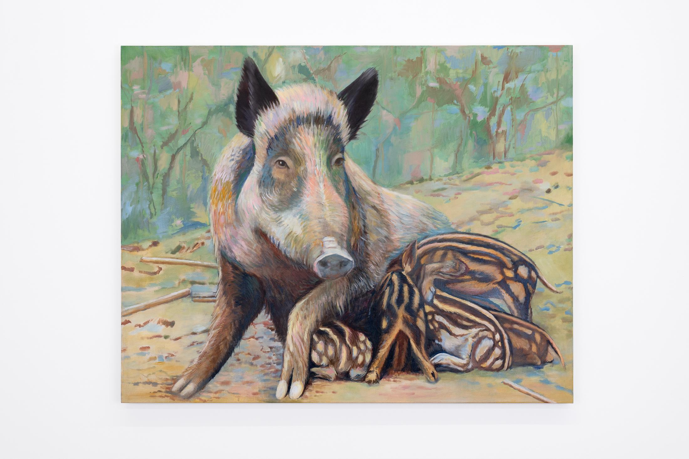 Exhibition View Birgit Megerle and Robert Müller Joint Exhibition «Enfanterie; view on Birgit Megerle, Care II, 2020, Oil on Canvas» at Kirchgasse, Steckborn, 2020 / Courtesy: the artists and Kirchgasse