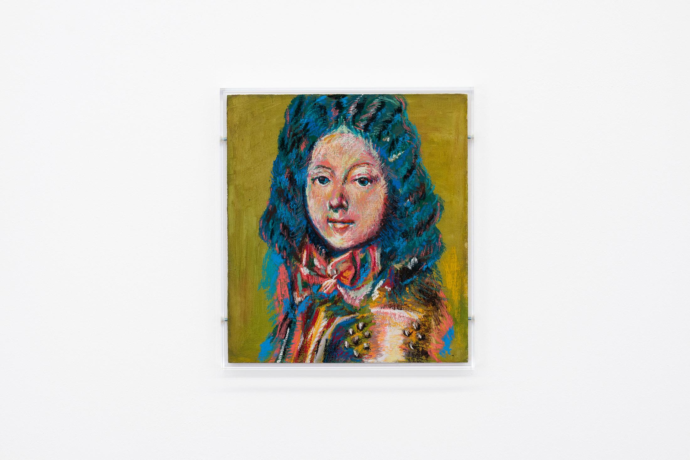 Exhibition View Birgit Megerle and Robert Müller Joint Exhibition «Enfanterie; view on Robert Müller, Untitled, (Saint Simon), 2020, Pastel and watercolor on wood» at Kirchgasse, Steckborn, 2020 / Courtesy: the artists and Kirchgasse