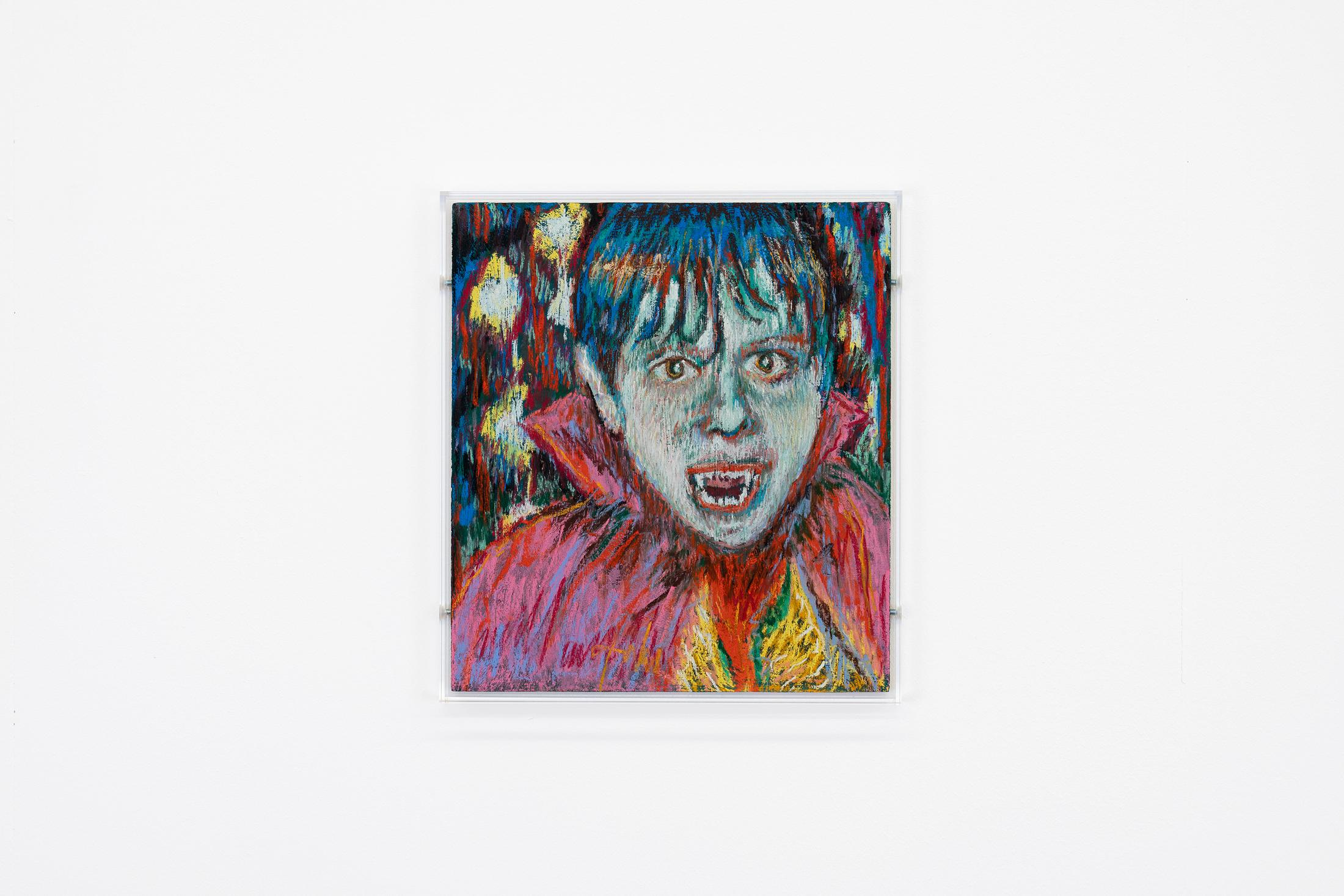 Exhibition View Birgit Megerle and Robert Müller Joint Exhibition «Enfanterie; view on Robert Müller, Untitled, (Vampire), 2020, Pastel and watercolor on wood» at Kirchgasse, Steckborn, 2020 / Courtesy: the artists and Kirchgasse