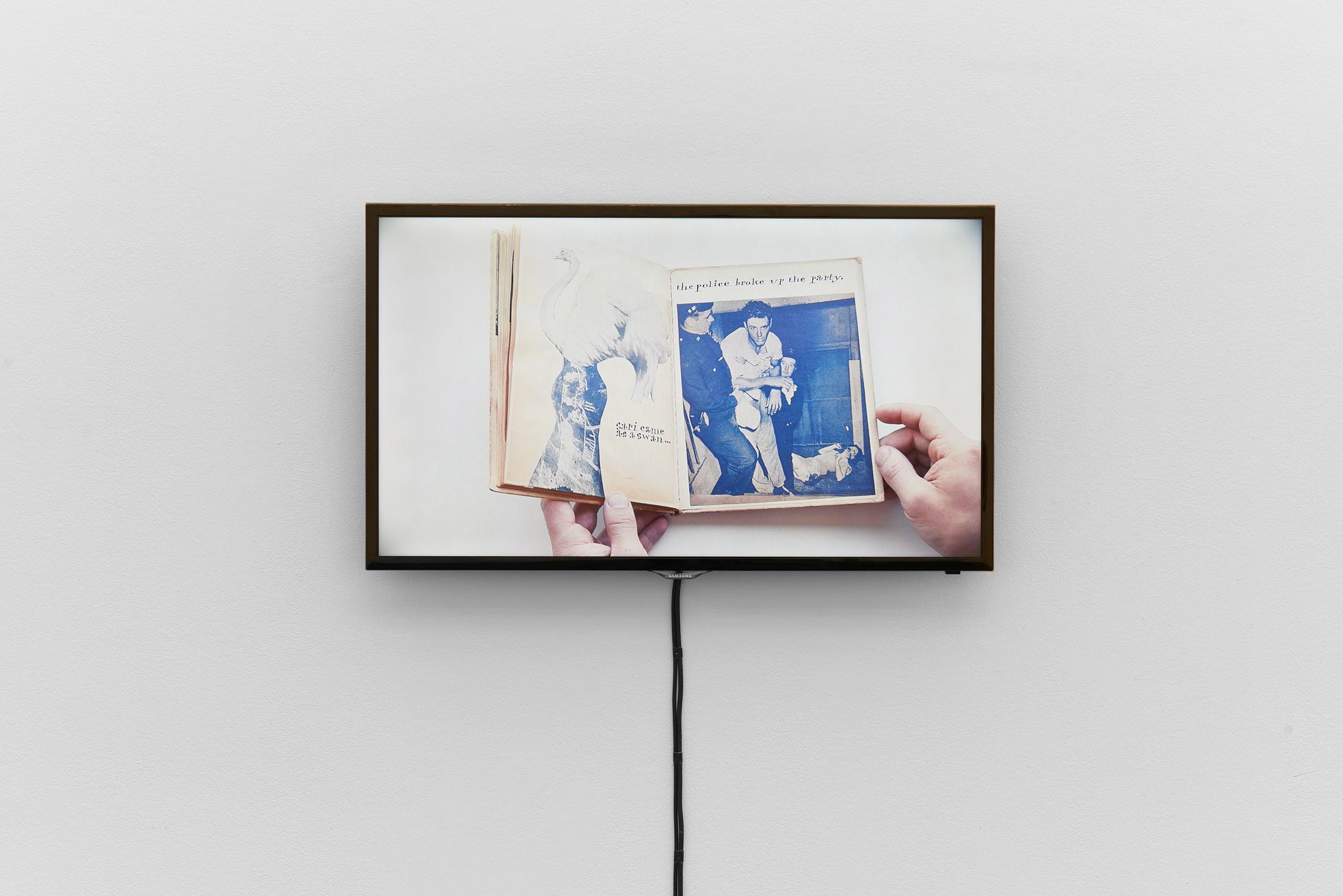 Exhibition View Groupshow «Bizarre Silks, Private Imaginings and Narrative Facts, etc.; view on video documentation Ray Johnson’s artist book Ray Gives a Party, ca. 1955» an exhibition by Nick Mauss at Kunsthalle Basel, Basel, 2020 / Photo: Philipp Hänger and Kunsthalle Basel / Courtesy: the artist and Kunsthalle Basel