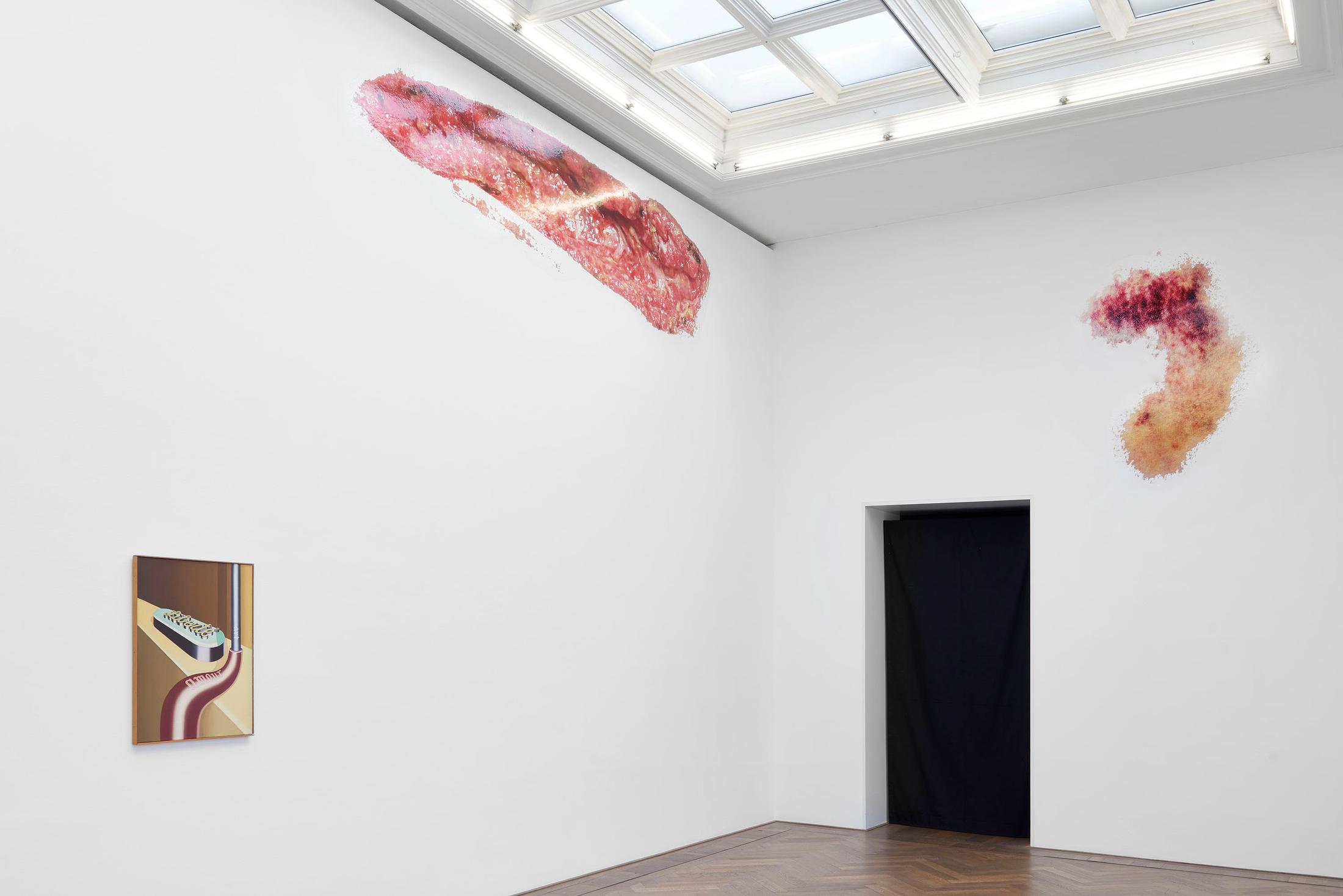 Exhibition View Groupshow «Bizarre Silks, Private Imaginings and Narrative Facts, etc.; view on Konrad Klapheck, Liberté, amour, art, 1964; Georgia Sagri, Open Wound, 2018; Georgia Sagri, Fresh Bruise, 2018» an exhibition by Nick Mauss at Kunsthalle Basel, Basel, 2020 / Photo: Philipp Hänger and Kunsthalle Basel / Courtesy: the artists and Kunsthalle Basel