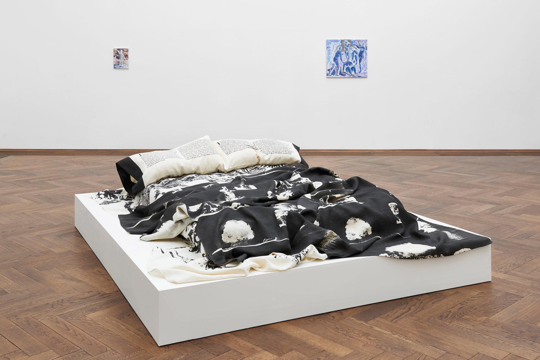 Exhibition View Groupshow «Bizarre Silks, Private Imaginings and Narrative Facts, etc.; view on Robert Morris in collaboration with The Fabric Workshop, Philadelphia, Restless Sleepers/Atomic Shroud, 1981; (back left) Megan Francis Sullivan, Baigneur aux brax écartés, 1883, Collection Jasper Johns (Inverted), 2016; (back right) Megan Francis Sullivan, Cing Baigneuses, 1885–1887, Kunstmuseum Basel (Inverted), 2015» an exhibition by Nick Mauss at Kunsthalle Basel, Basel, 2020 / Photo: Philipp Hänger and Kunsthalle Basel / Courtesy: the artists and Kunsthalle Basel