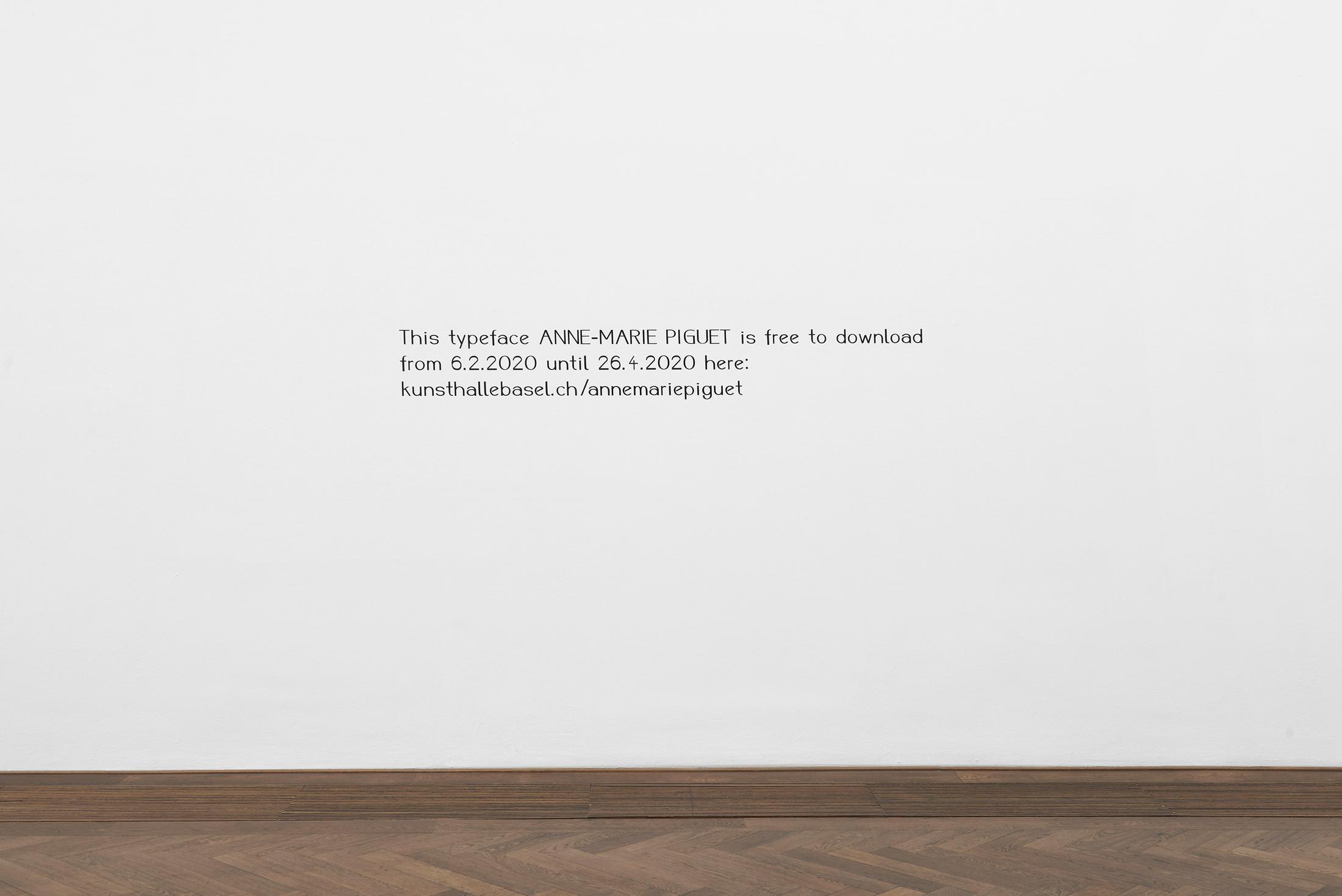 Exhibition View Groupshow «Bizarre Silks, Private Imaginings and Narrative Facts, etc.; view on Bea Schlingelhoff, Typeface dedicated to and named after Anne-Marie (Im Hof-)Piguet, 2018» an exhibition by Nick Mauss at Kunsthalle Basel, Basel, 2020 / Photo: Philipp Hänger and Kunsthalle Basel / Courtesy: the artist and Kunsthalle Basel