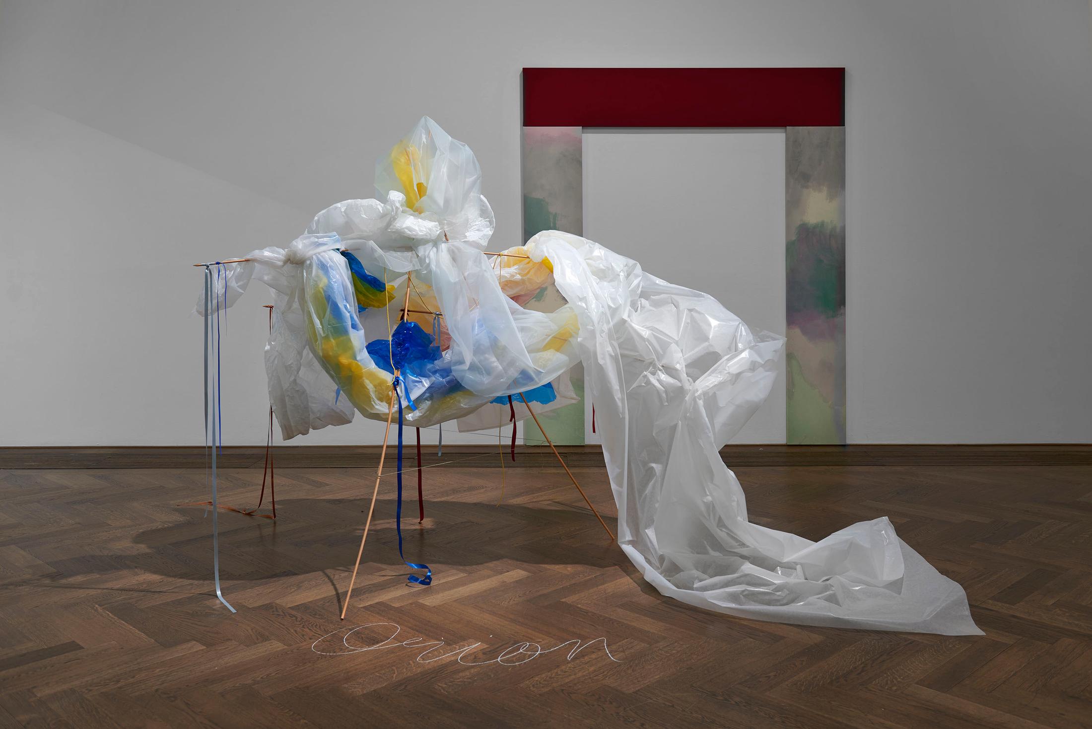 Exhibition View Groupshow «Bizarre Silks, Private Imaginings and Narrative Facts, etc.; view on Rosemary Mayer, “reenactment” by Nick Mauss in collaboration with the Estate of Rosemary Mayer, February Ghosts (Monoceros, Auriga, and Orion), 1981/2020, and (back) Nick Mauss, Tresholds, 2020» an exhibition by Nick Mauss at Kunsthalle Basel, Basel, 2020 / Photo: Philipp Hänger and Kunsthalle Basel / Courtesy: the artists and Kunsthalle Basel