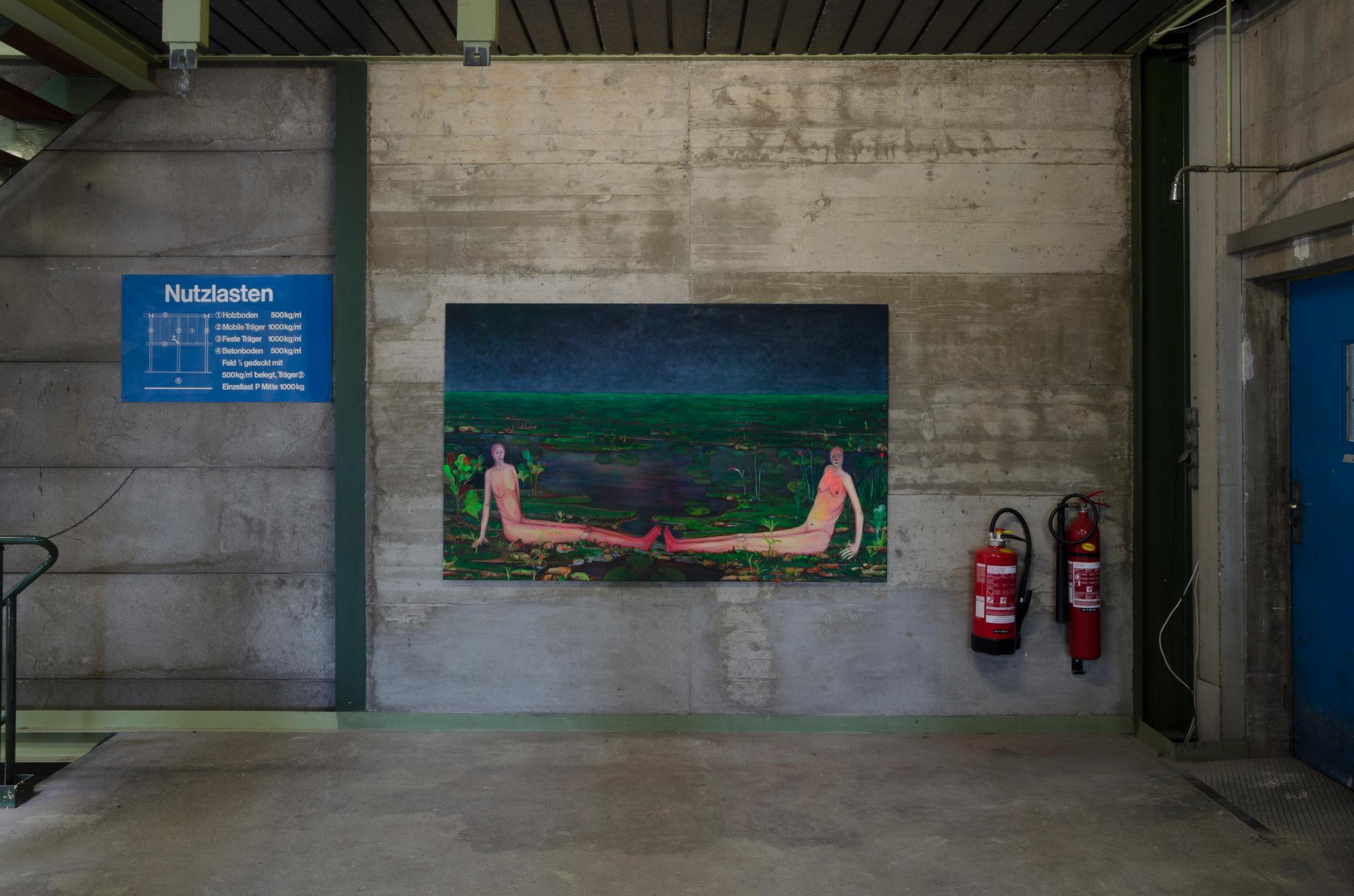 Exhibition View Groupshow «Boring Twenties; view on Andriu Deplazes, Zwei Körper sitzend, 2017» at Hrüze Gegi, Winterthur, 2020 / Photo: Hrüze Gegi / Courtesy: the artists and Hrüze Gegi