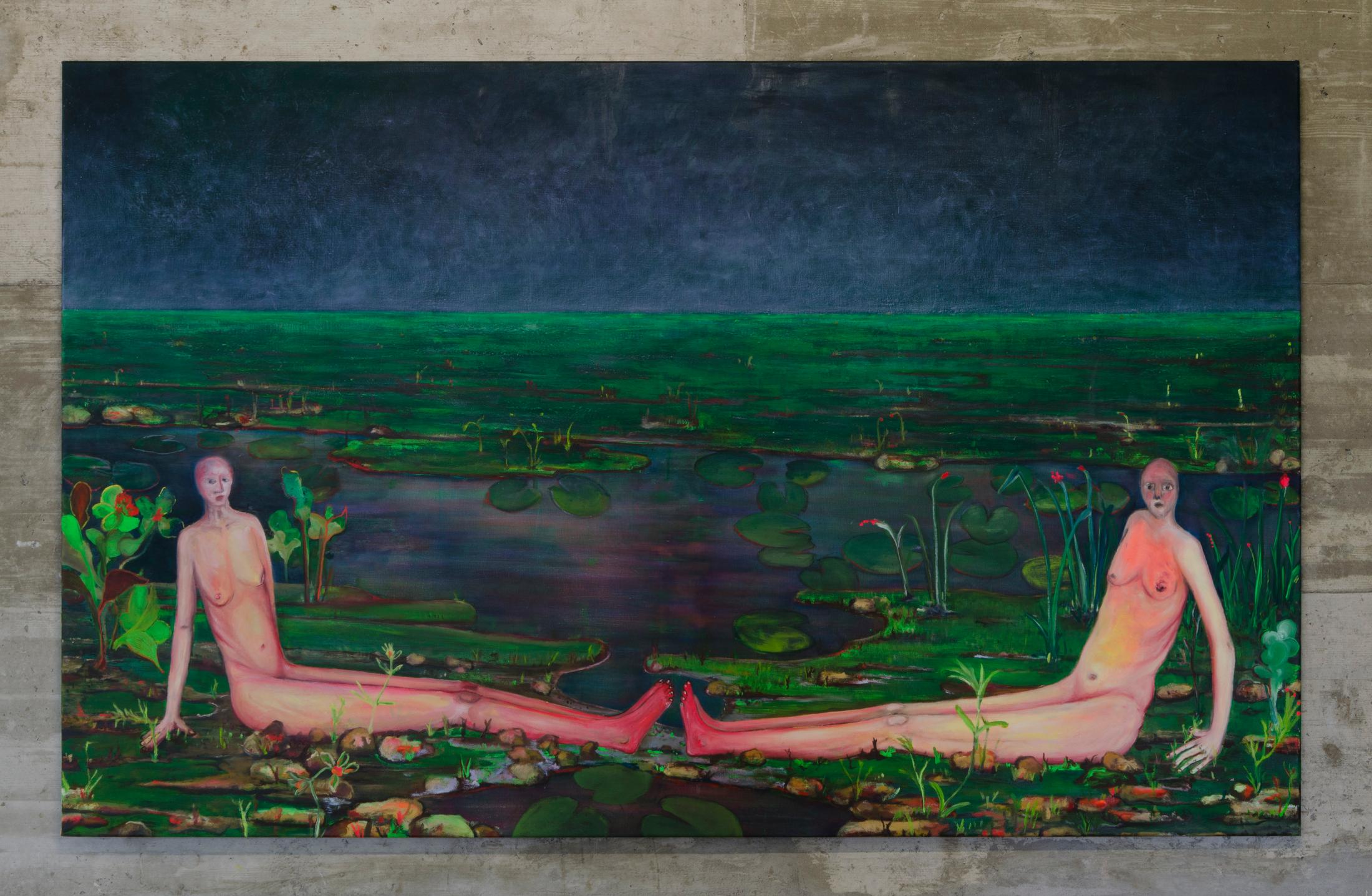 Exhibition View Groupshow «Boring Twenties; view on Andriu Deplazes, Zwei Körper sitzend, 2017» at Hrüze Gegi, Winterthur, 2020 / Photo: Hrüze Gegi / Courtesy: the artists and Hrüze Gegi