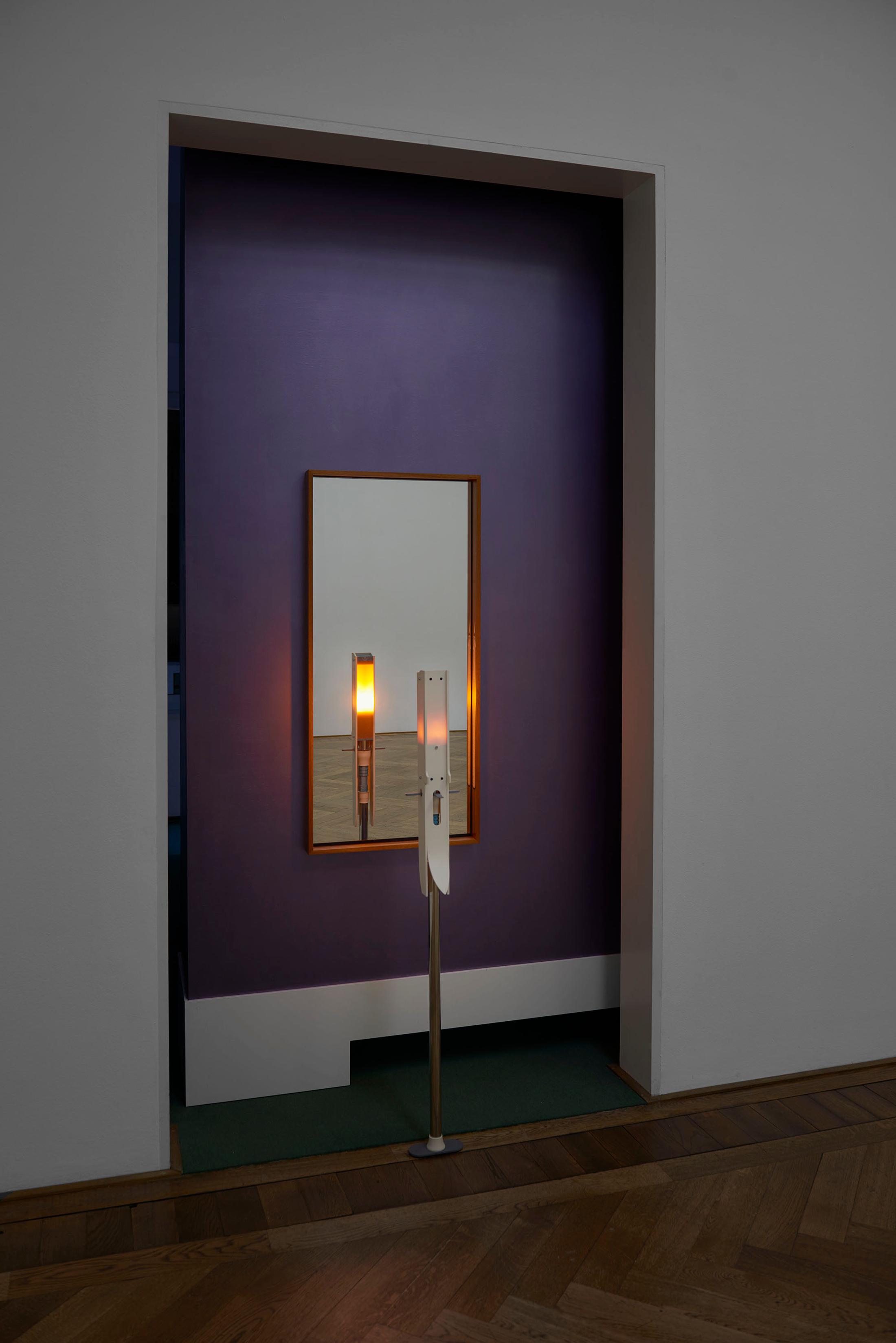 Exhibition View Camille Blatrix Soloshow «Standby Mice Station; view on Stork, 2020 (front) and Two Candles, 2018 (back)» at Kunsthalle Basel, Basel, 2020 / Photo: Philipp Hänger / Courtesy: the artist; Galerie Balice Hertling, Paris, and Andrew Kreps Gallery, New York