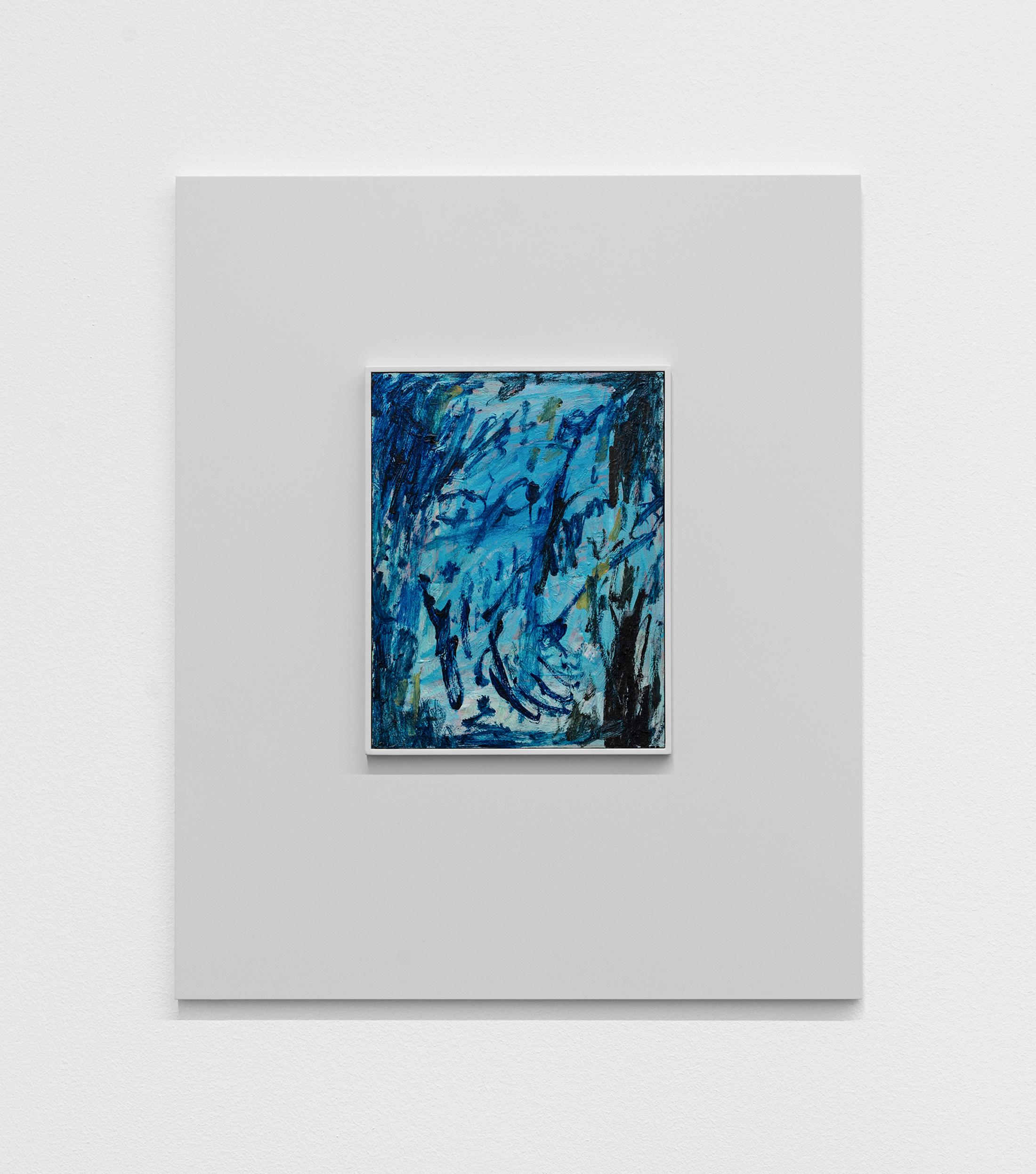 Exhibition View Camillo Paravicini Solo Show «Hart, aber fair; view on Peep, 2021, 60x50cm, Oil on wood in wooden frame» at Bündner Kunstmuseum, Chur, 2021 / Courtesy: the artist and Bündner Kunstmuseum