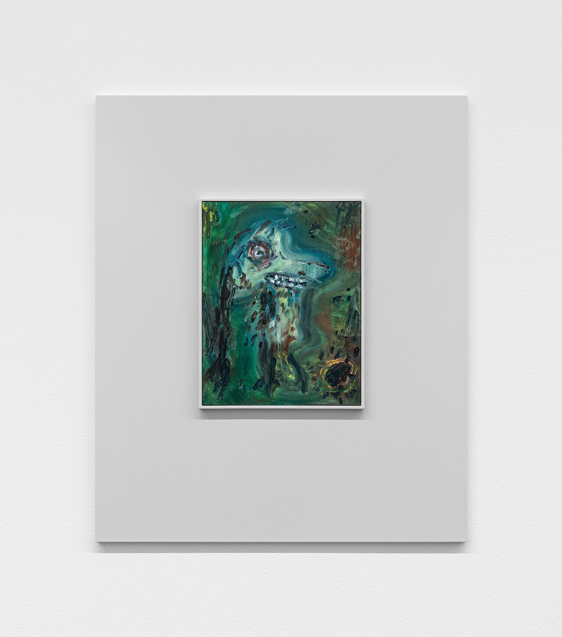 Exhibition View Camillo Paravicini Solo Show «Hart, aber fair; view on Doggie, 2020, 60x50cm, Oil on wood in wooden frame» at Bündner Kunstmuseum, Chur, 2021 / Courtesy: the artist and Bündner Kunstmuseum