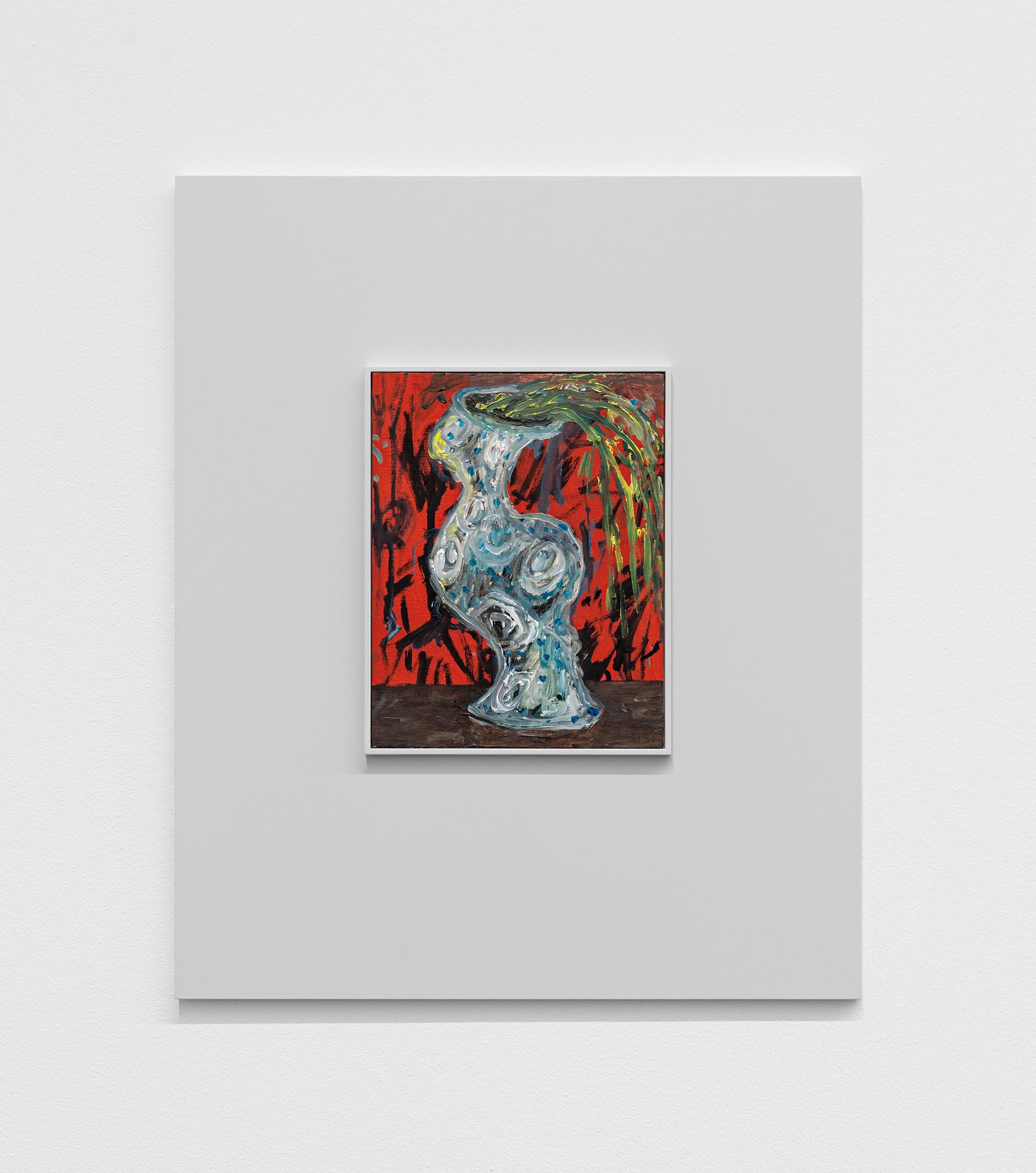 Exhibition View Camillo Paravicini Solo Show «Hart, aber fair; view on Chinesische Vase, (Qing-Dynastie, vermutlich Daoguang-Periode, ca. 1820–1850), 2021, 60x50cm, Oil on wood in wooden frame» at Bündner Kunstmuseum, Chur, 2021 / Courtesy: the artist and Bündner Kunstmuseum