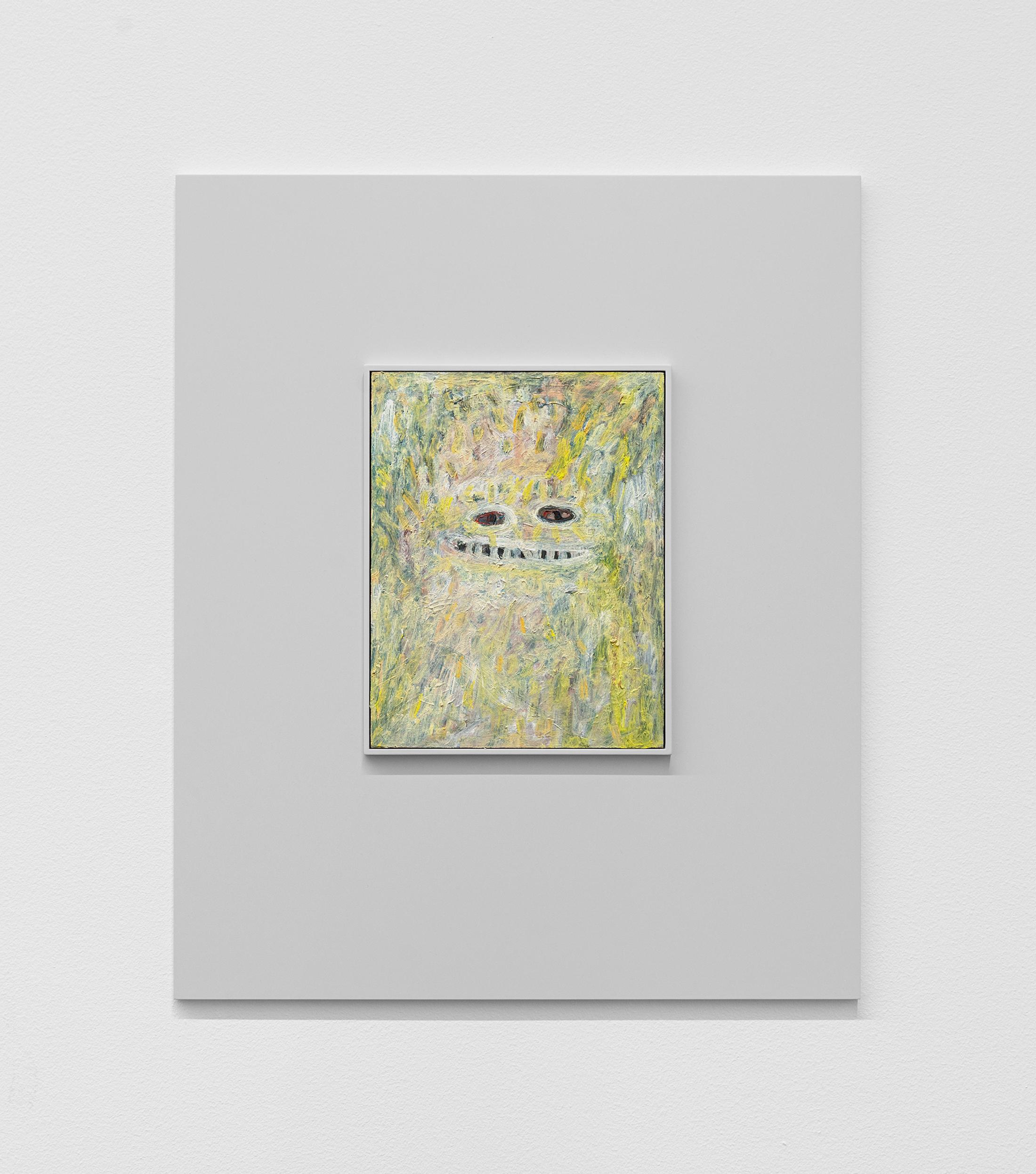 Exhibition View Camillo Paravicini Solo Show «Hart, aber fair; view on Frohnatur, 2021, 60x50cm, Oil on wood in wooden frame» at Bündner Kunstmuseum, Chur, 2021 / Courtesy: the artist and Bündner Kunstmuseum