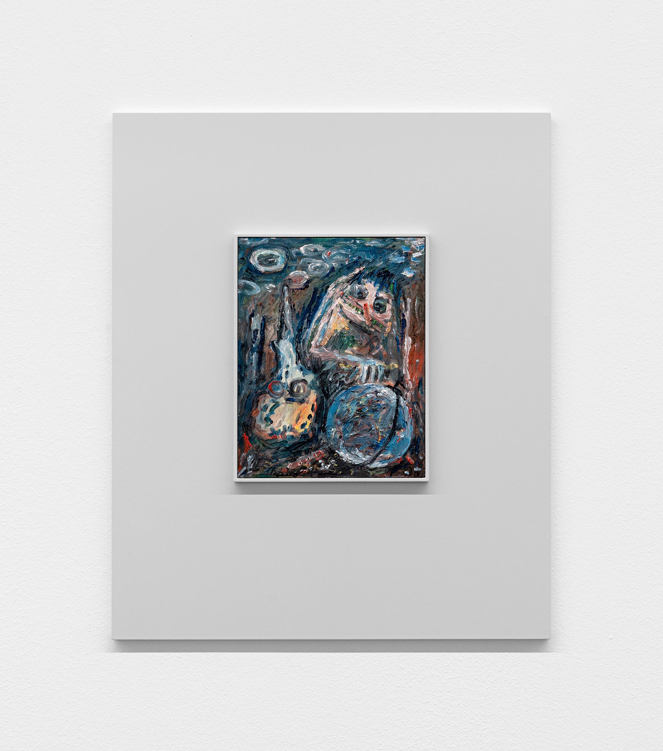 Exhibition View Camillo Paravicini Solo Show «Hart, aber fair; view on Villain, 2021, 60x50cm, Oil on wood in wooden frame» at Bündner Kunstmuseum, Chur, 2021 / Courtesy: the artist and Bündner Kunstmuseum