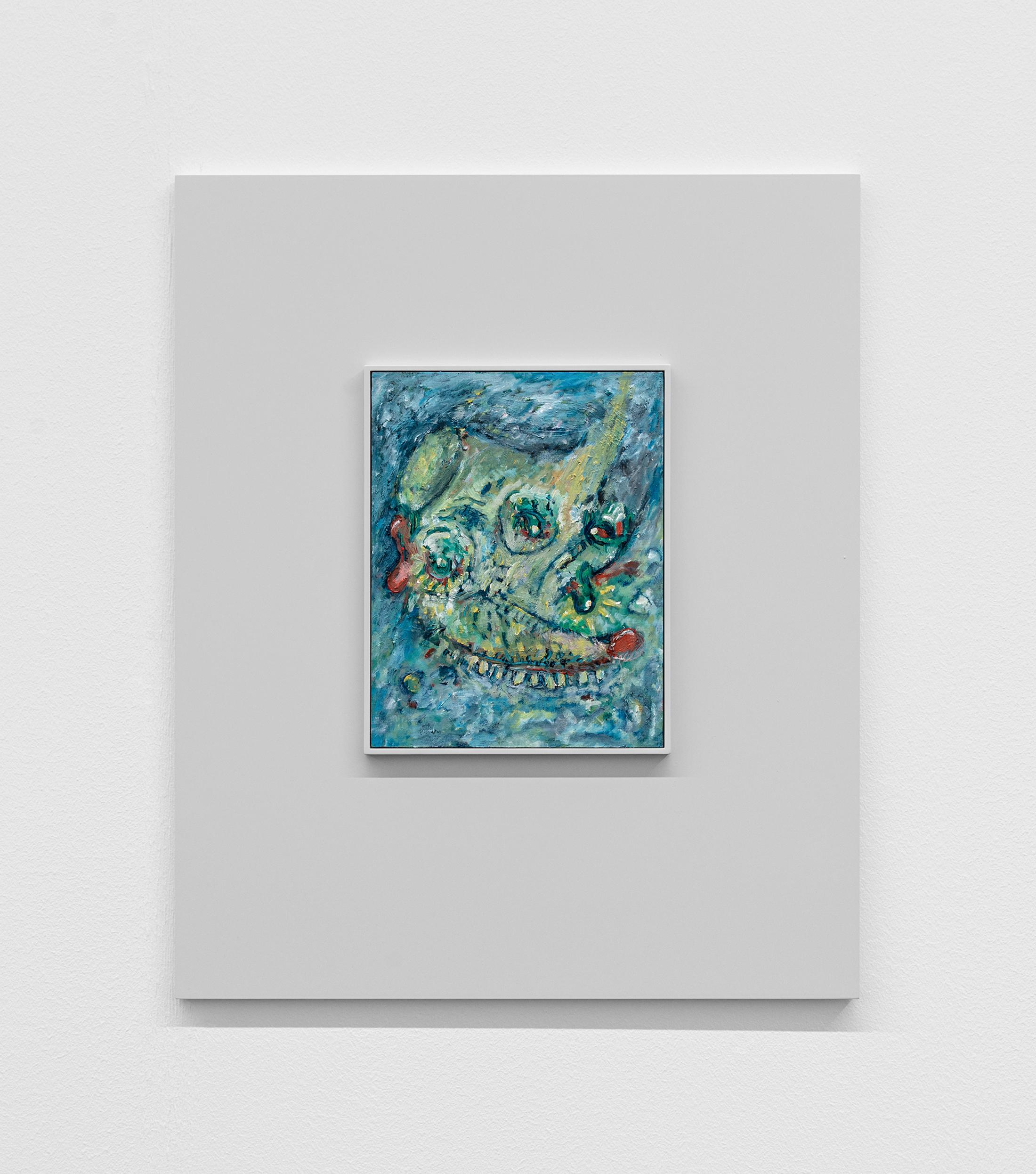 Exhibition View Camillo Paravicini Solo Show «Hart, aber fair; view on Janus, 2021, 60x50cm, Oil on wood in wooden frame» at Bündner Kunstmuseum, Chur, 2021 / Courtesy: the artist and Bündner Kunstmuseum