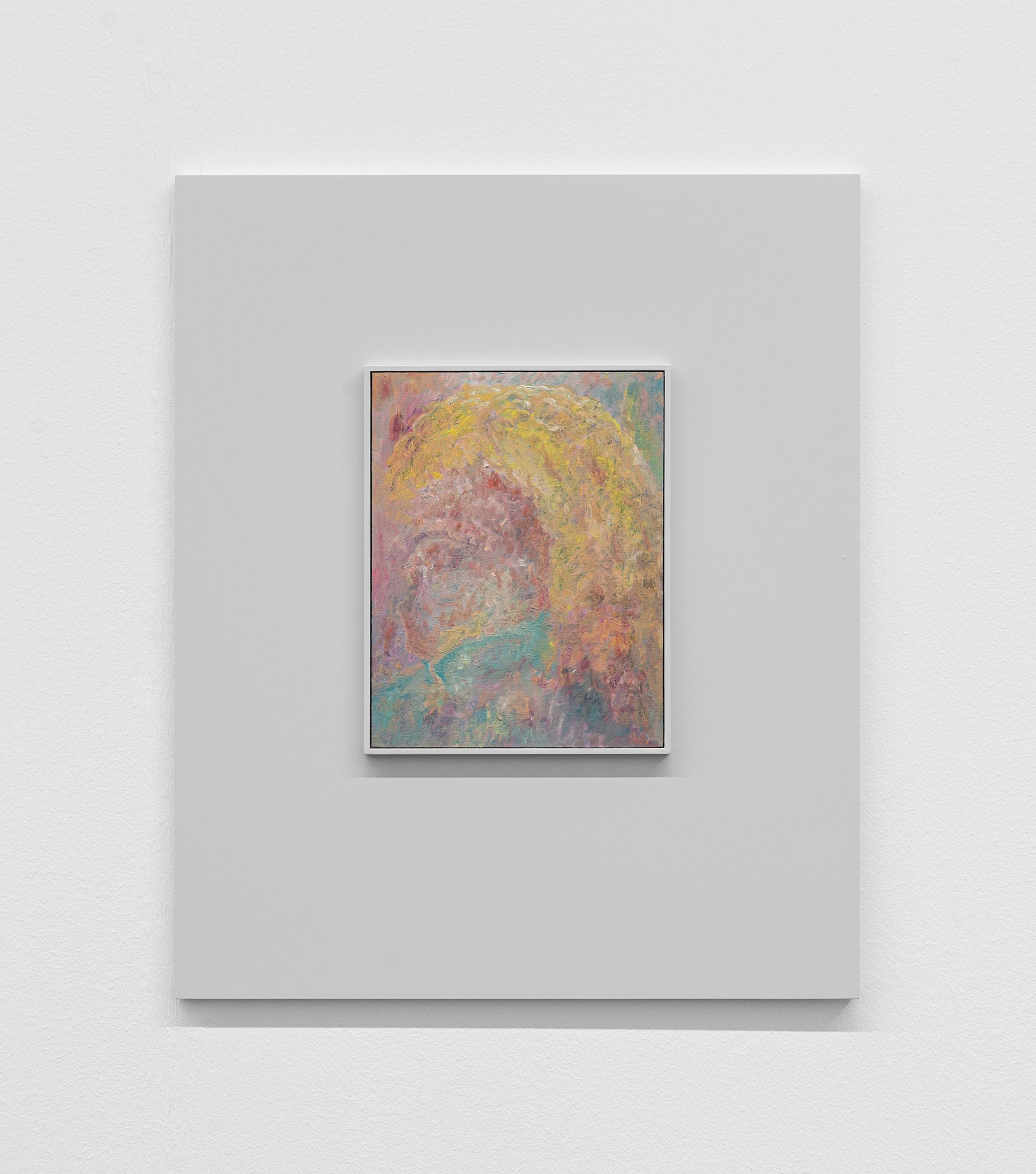 Exhibition View Camillo Paravicini Solo Show «Hart, aber fair; view on Carlos, 2021, 60x50cm, Oil on wood in wooden frame» at Bündner Kunstmuseum, Chur, 2021 / Courtesy: the artist and Bündner Kunstmuseum