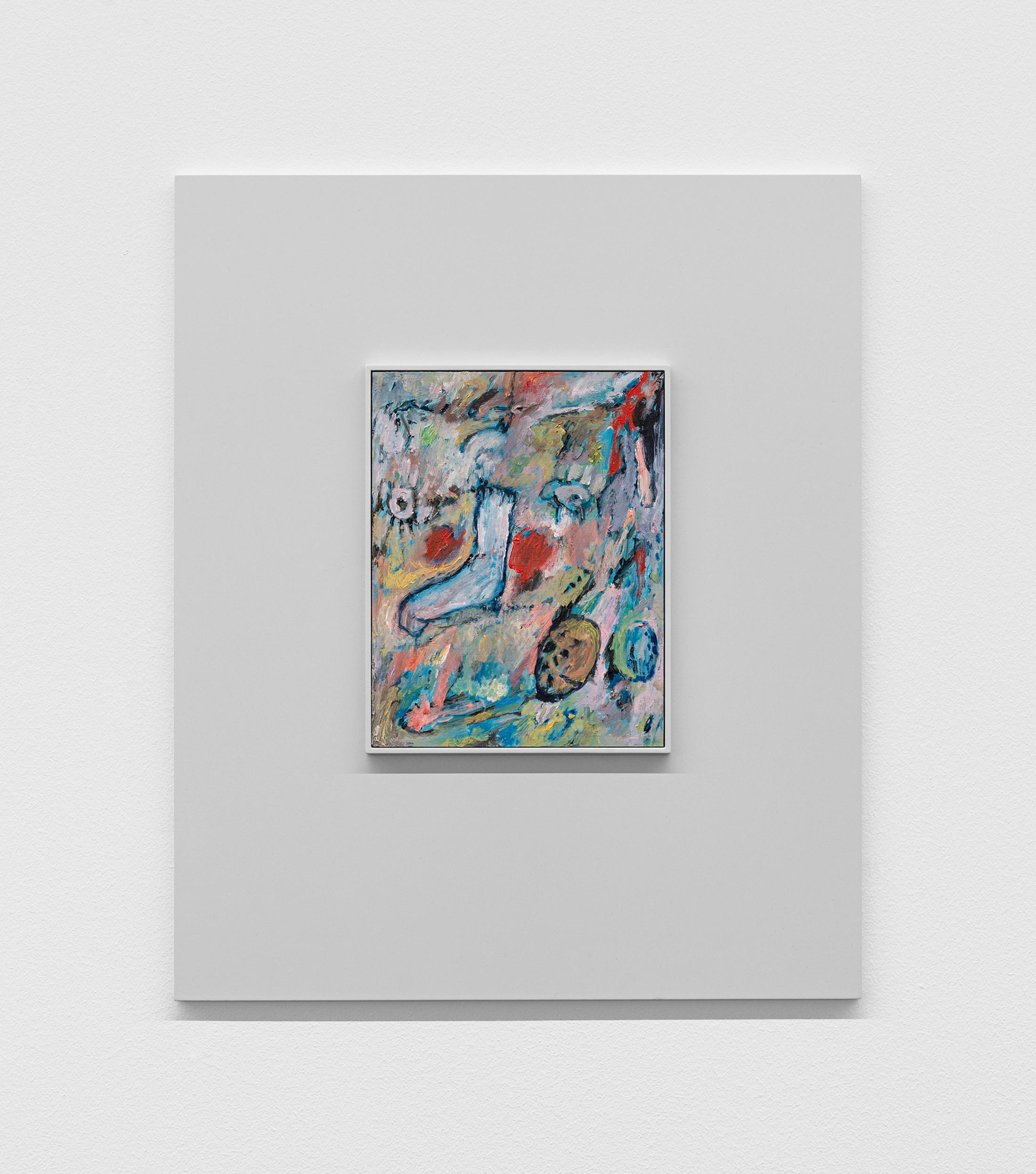 Exhibition View Camillo Paravicini Solo Show «Hart, aber fair; view on Improvisation mit Sportsocke, 2020, 60x50cm, Oil on wood in wooden frame» at Bündner Kunstmuseum, Chur, 2021 / Courtesy: the artist and Bündner Kunstmuseum