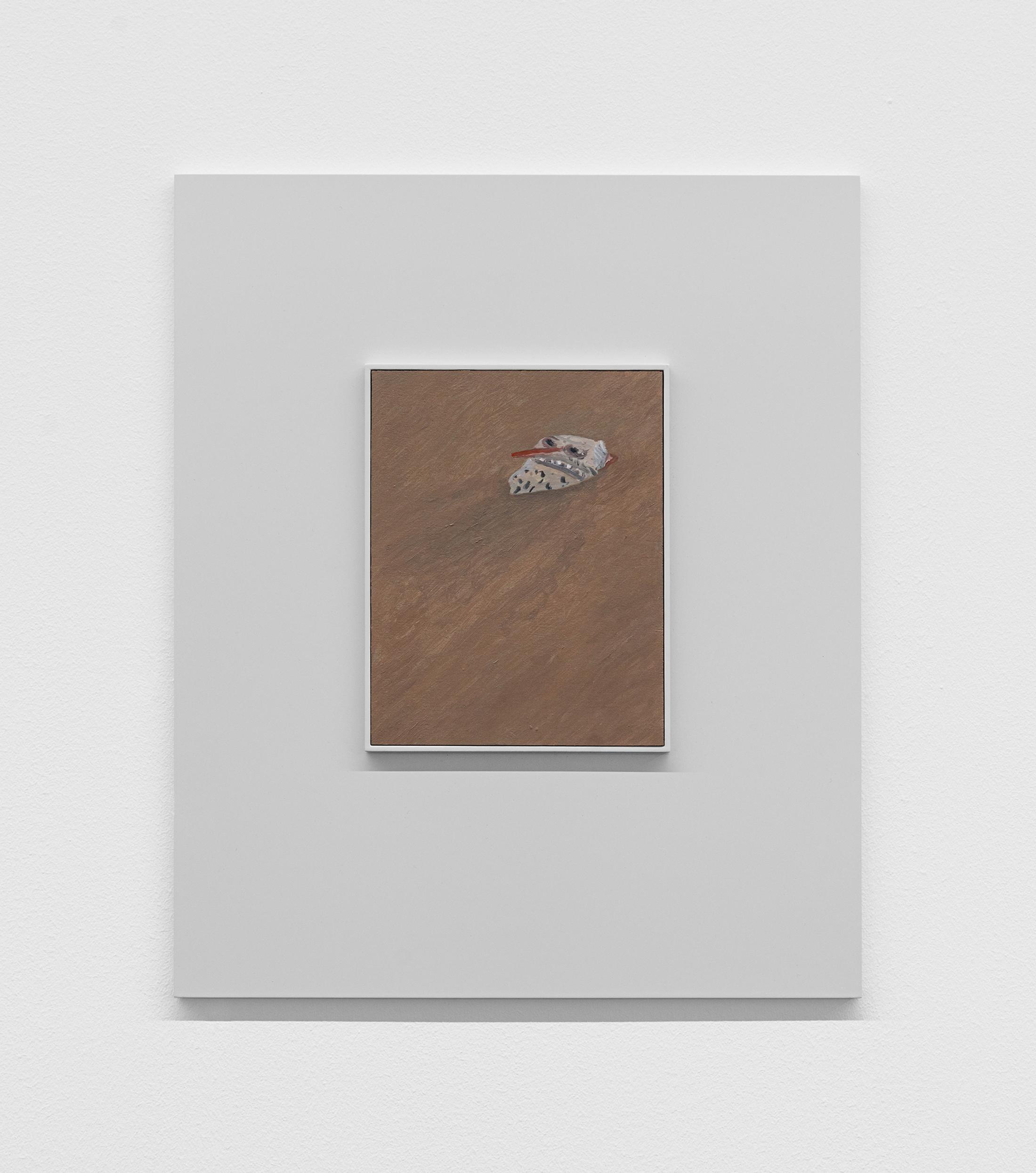 Exhibition View Camillo Paravicini Solo Show «Hart, aber fair; view on Drifter, 2020, 60x50cm, Oil on wood in wooden frame» at Bündner Kunstmuseum, Chur, 2021 / Courtesy: the artist and Bündner Kunstmuseum