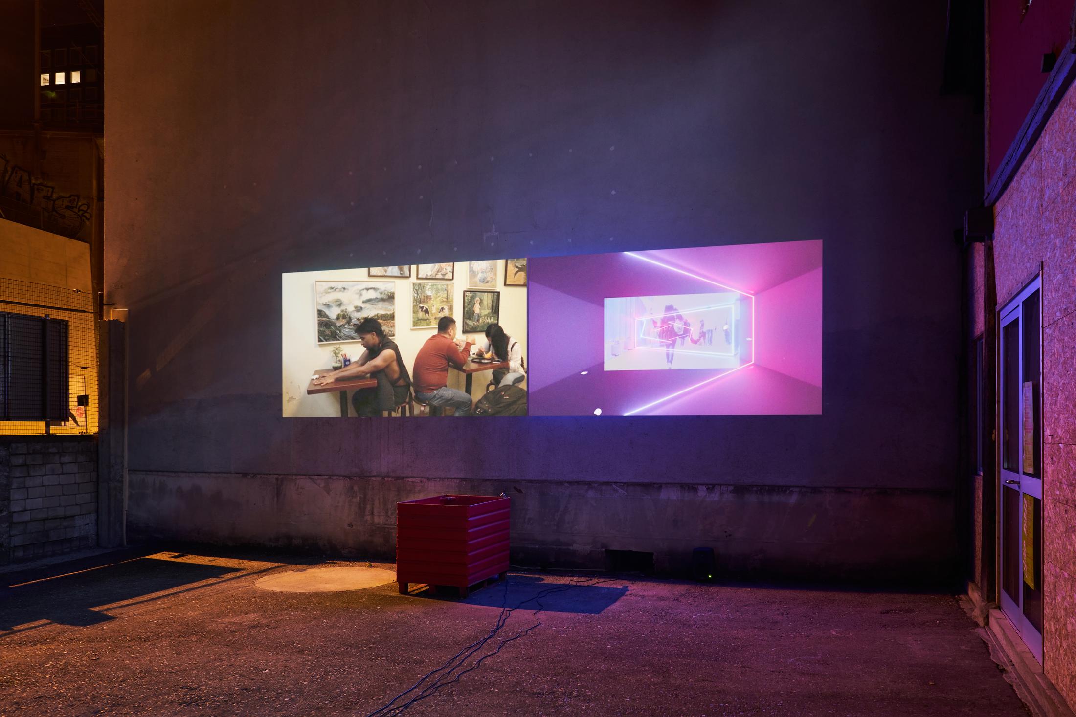 Exhibition View Group Show «Camp Fires; view on Jacolby Satterwhite, Blessed Avenue (Jade Edition), 2018» at Last Tango, Zurich, 2021 / Photo: Max Ehrengruber / Courtesy: the artists and Last Tango, Zurich