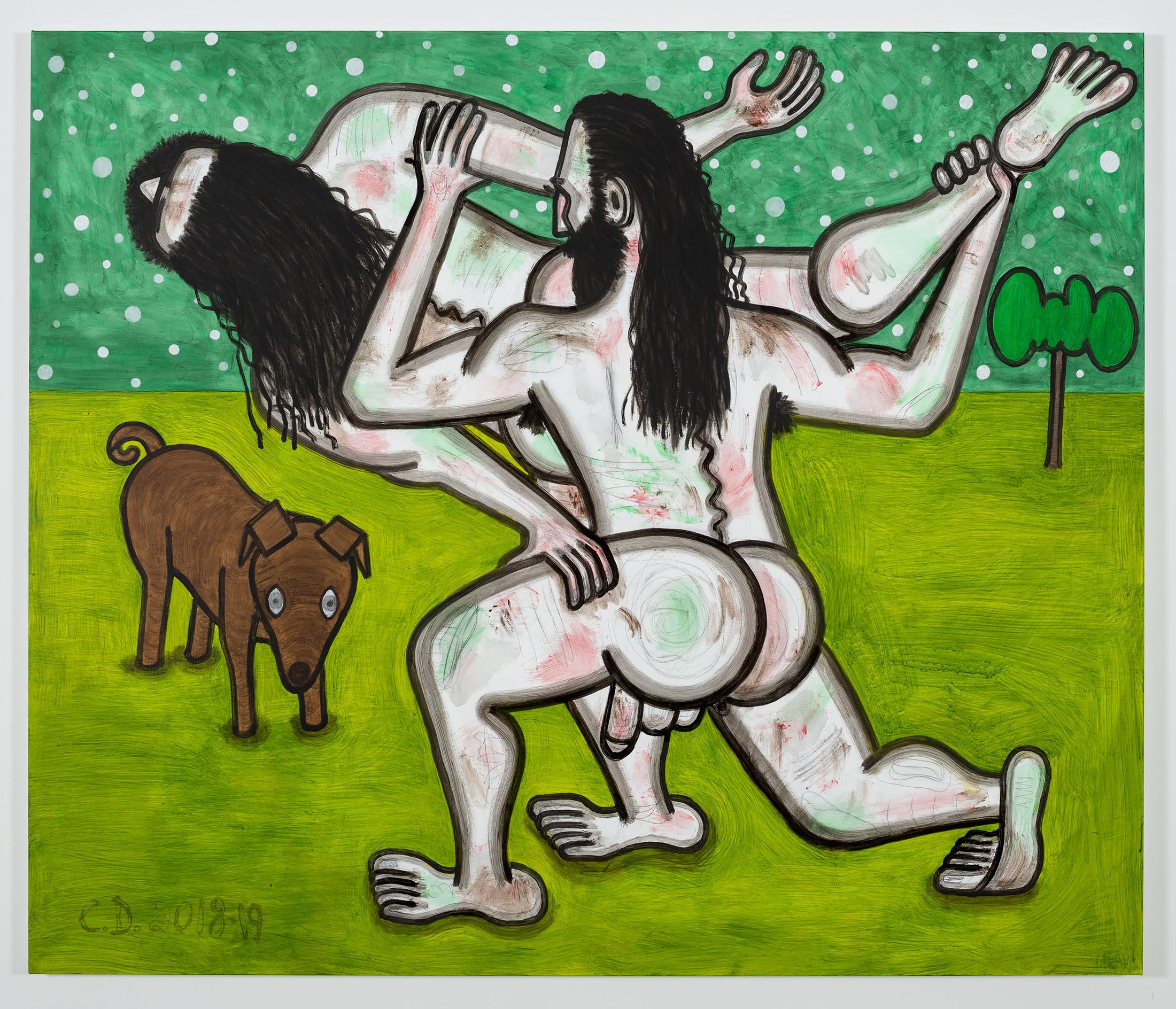 Exhibition View Carroll Dunham Soloshow «Recent Paintings; view on Green Evening (3), 2018-19» at Galerie Eva Presenhuber, Zurich, 2019 / Photo: Stefan Altenburger / © Carroll Dunham / Courtesy the artist and Galerie Eva Presenhuber, Zurich / New York