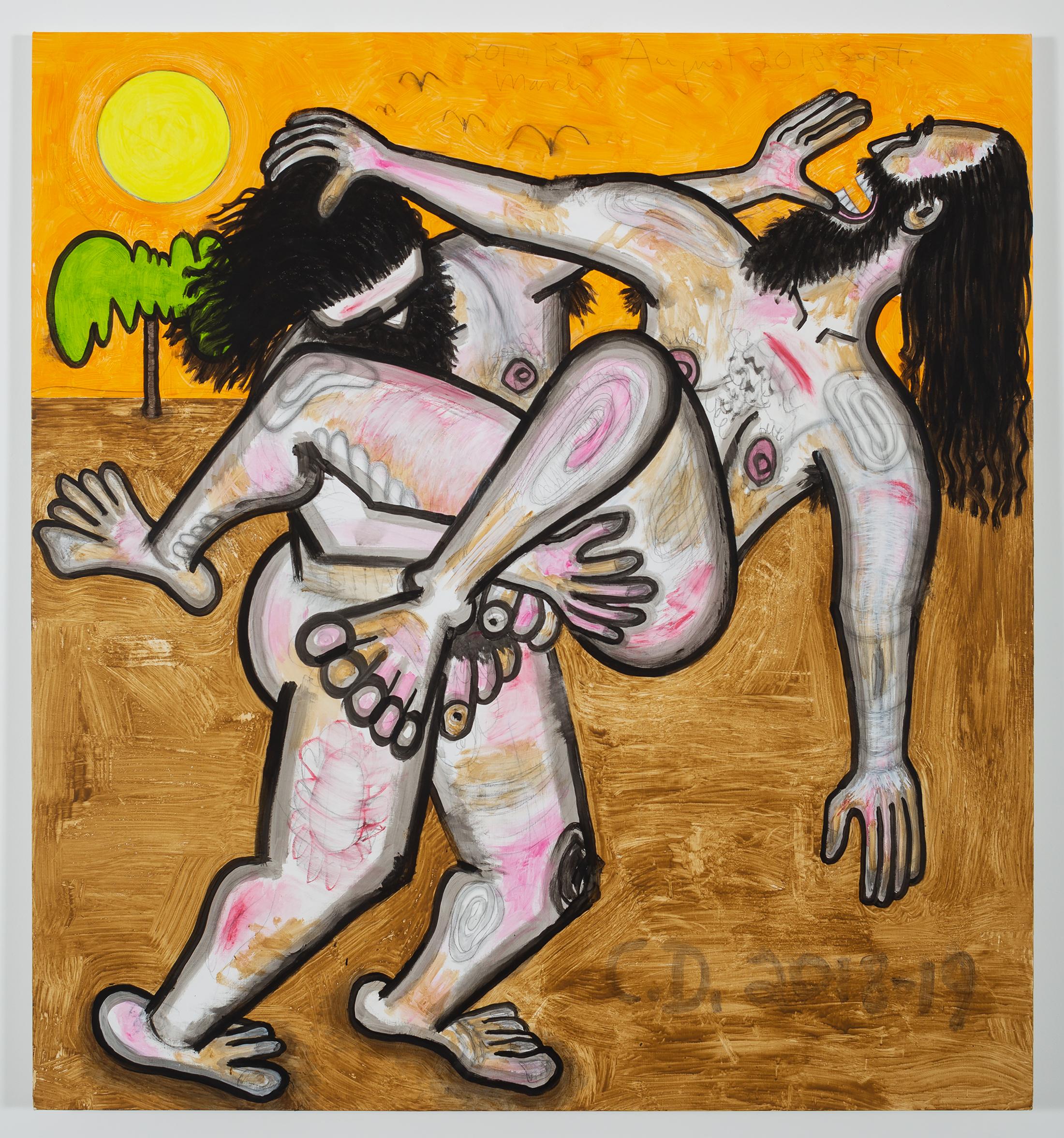 Exhibition View Carroll Dunham Soloshow «Recent Paintings; view on Orange Sky (3), 2018-19» at Galerie Eva Presenhuber, Zurich, 2019 / Photo: Stefan Altenburger / © Carroll Dunham / Courtesy the artist and Galerie Eva Presenhuber, Zurich / New York