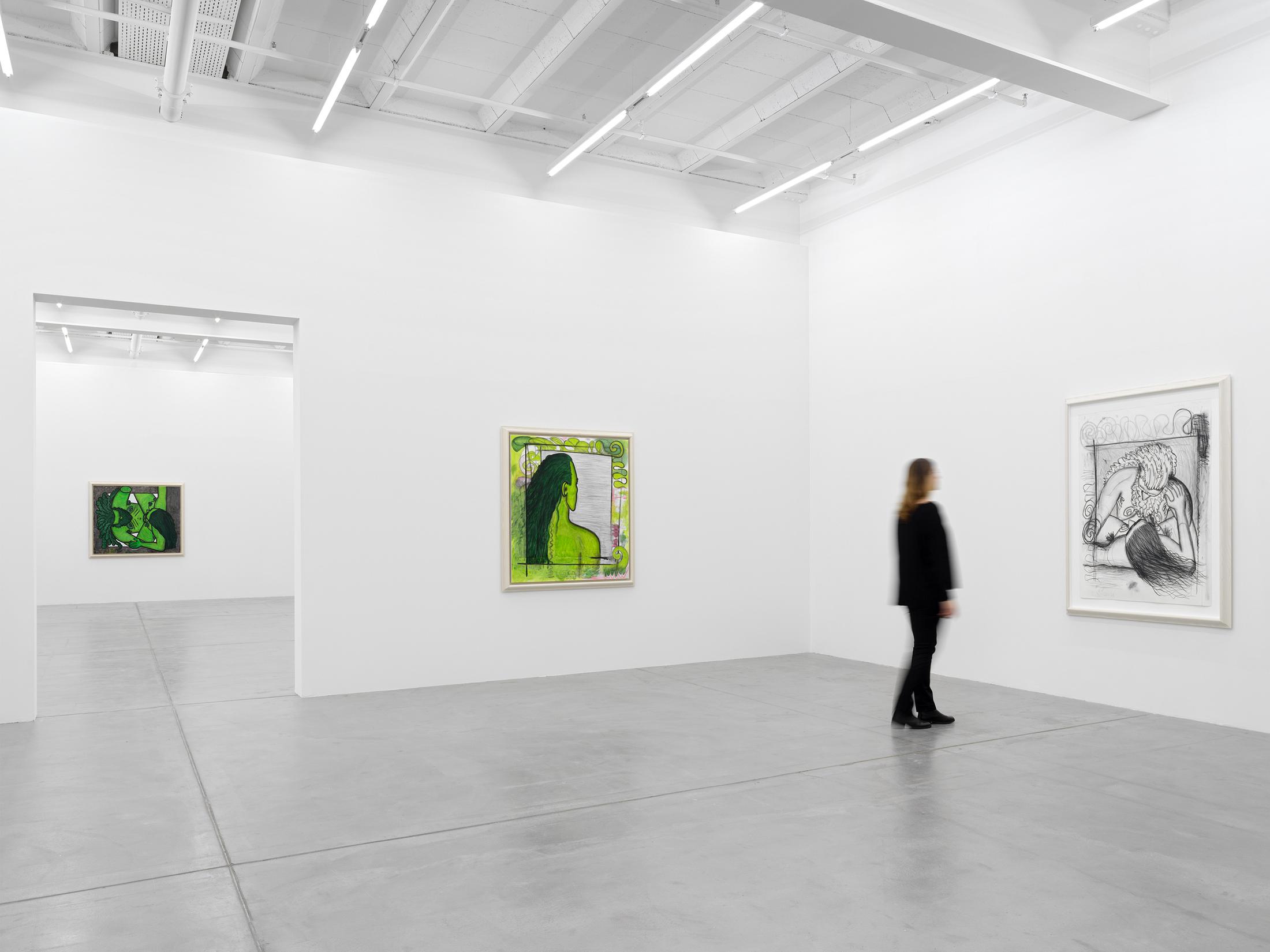 Exhibition View Carroll Dunham Solo Show «Qualiascope Paintings and Related Drawings» at Galerie Eva Presenhuber, Zurich, 2021 / Photo: Stefen Altenburger Photography / Courtesy: the artist and Galerie Eva Presenhuber