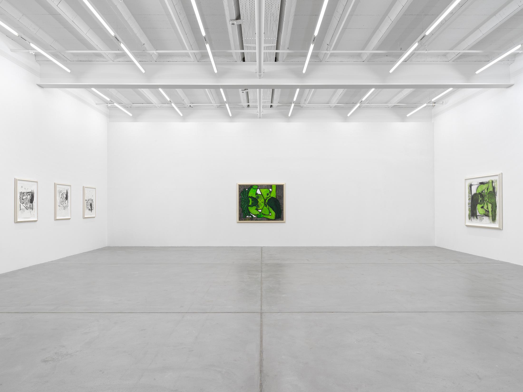 Exhibition View Carroll Dunham Solo Show «Qualiascope Paintings and Related Drawings» at Galerie Eva Presenhuber, Zurich, 2021 / Photo: Stefen Altenburger Photography / Courtesy: the artist and Galerie Eva Presenhuber