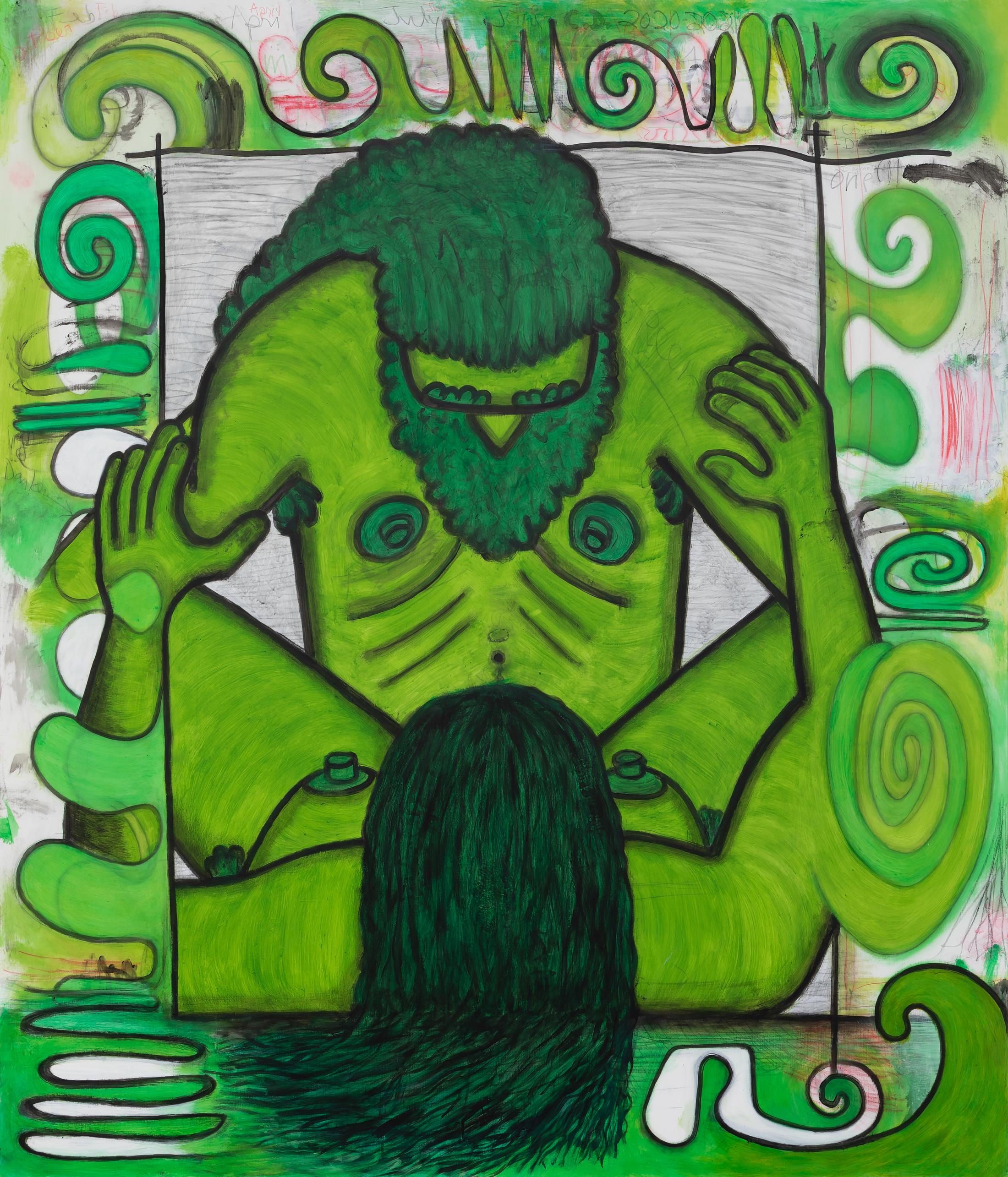 Exhibition View Carroll Dunham Solo Show «Qualiascope Paintings and Related Drawings; view on Carroll Dunham, Qualiascope: Coitus Diagrams (one), 2020-2021» at Galerie Eva Presenhuber, Zurich, 2021 / Photo: David Regen / Courtesy: the artist and Galerie Eva Presenhuber