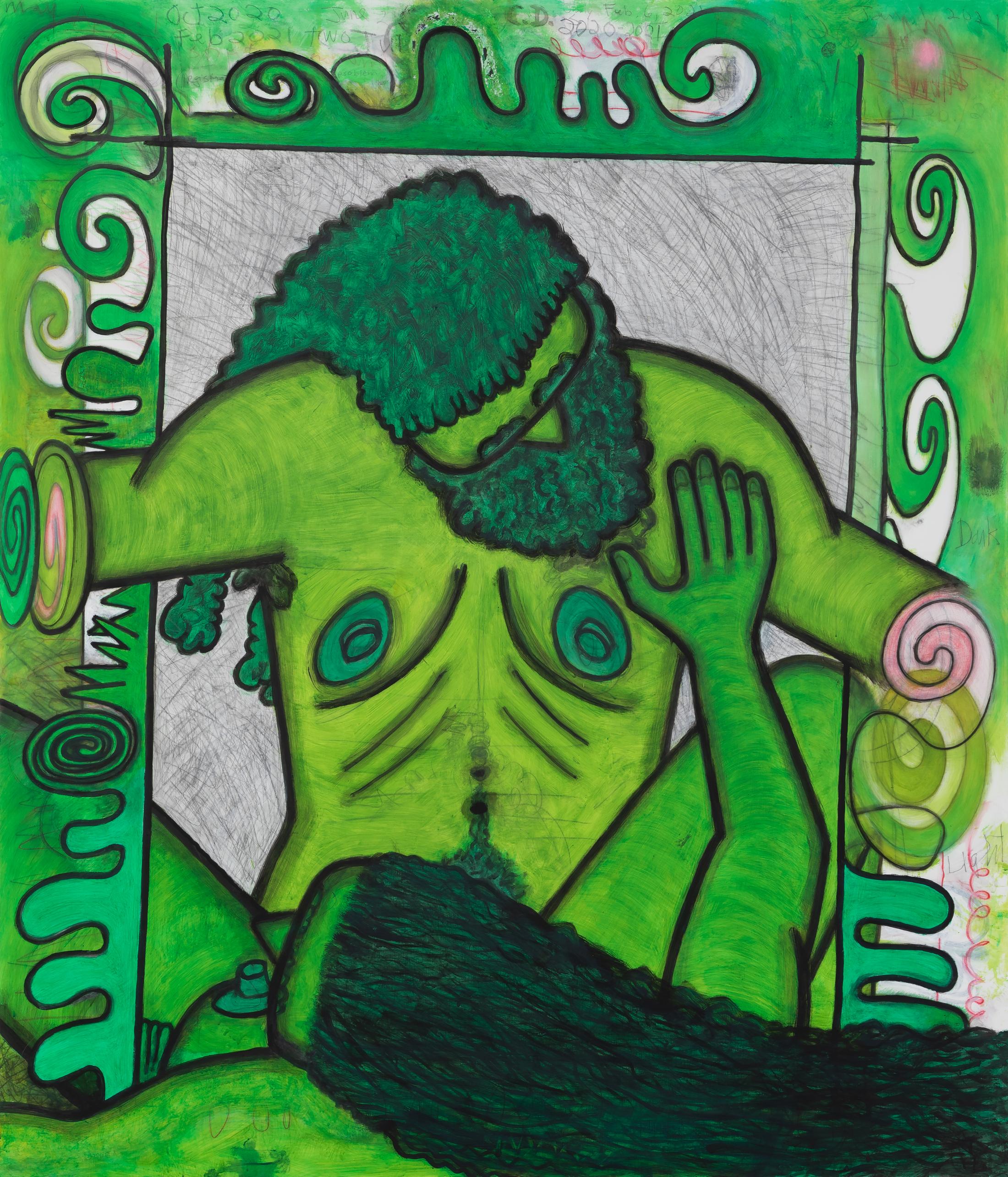 Exhibition View Carroll Dunham Solo Show «Qualiascope Paintings and Related Drawings; view on Carroll Dunham, Qualiascope: Coitus Diagrams (two), 2020-2021» at Galerie Eva Presenhuber, Zurich, 2021 / Photo: David Regen / Courtesy: the artist and Galerie Eva Presenhuber