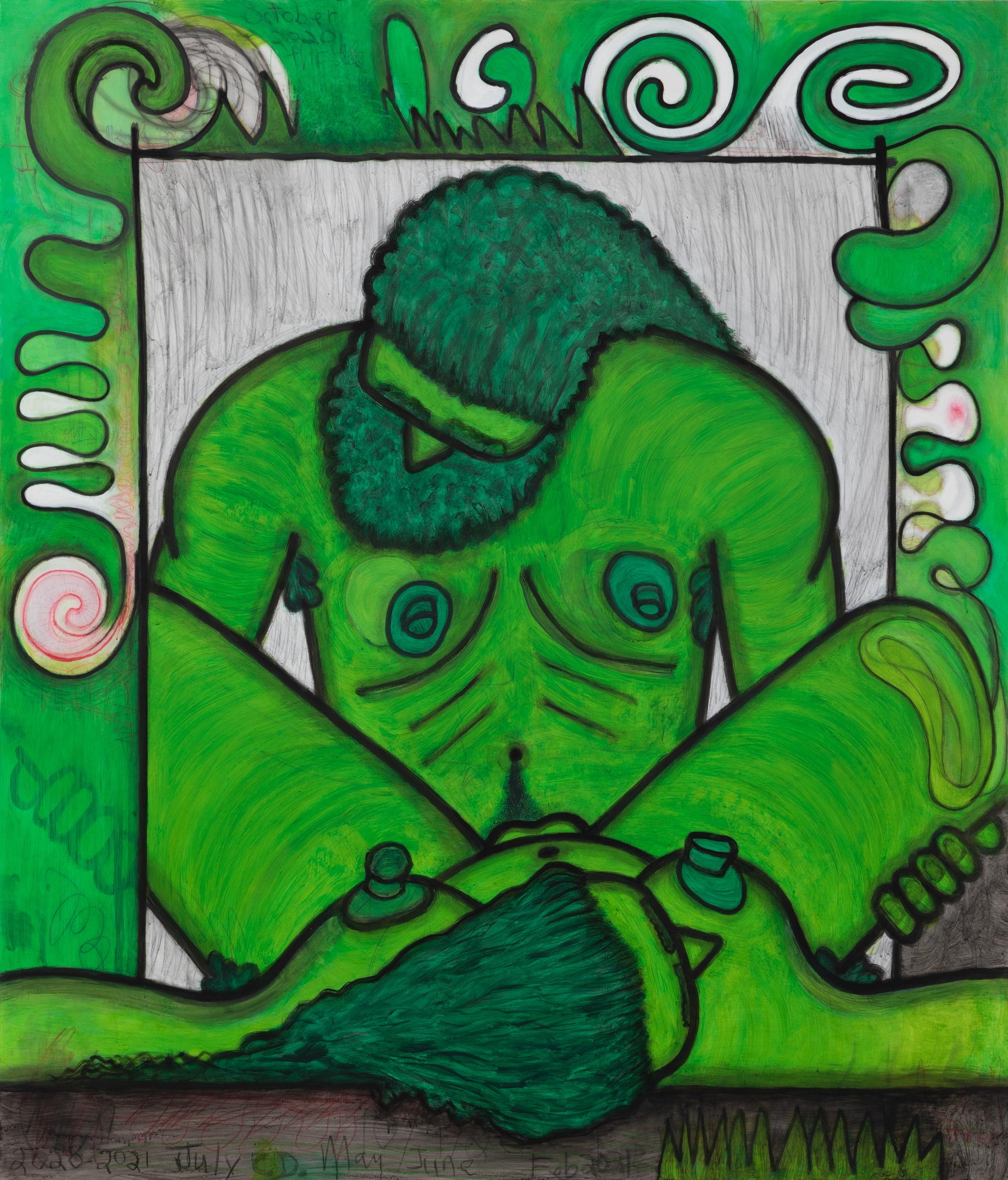 Exhibition View Carroll Dunham Solo Show «Qualiascope Paintings and Related Drawings; view on Carroll Dunham, Qualiascope: Coitus Diagrams (three), 2020-2021» at Galerie Eva Presenhuber, Zurich, 2021 / Photo: David Regen / Courtesy: the artist and Galerie Eva Presenhuber