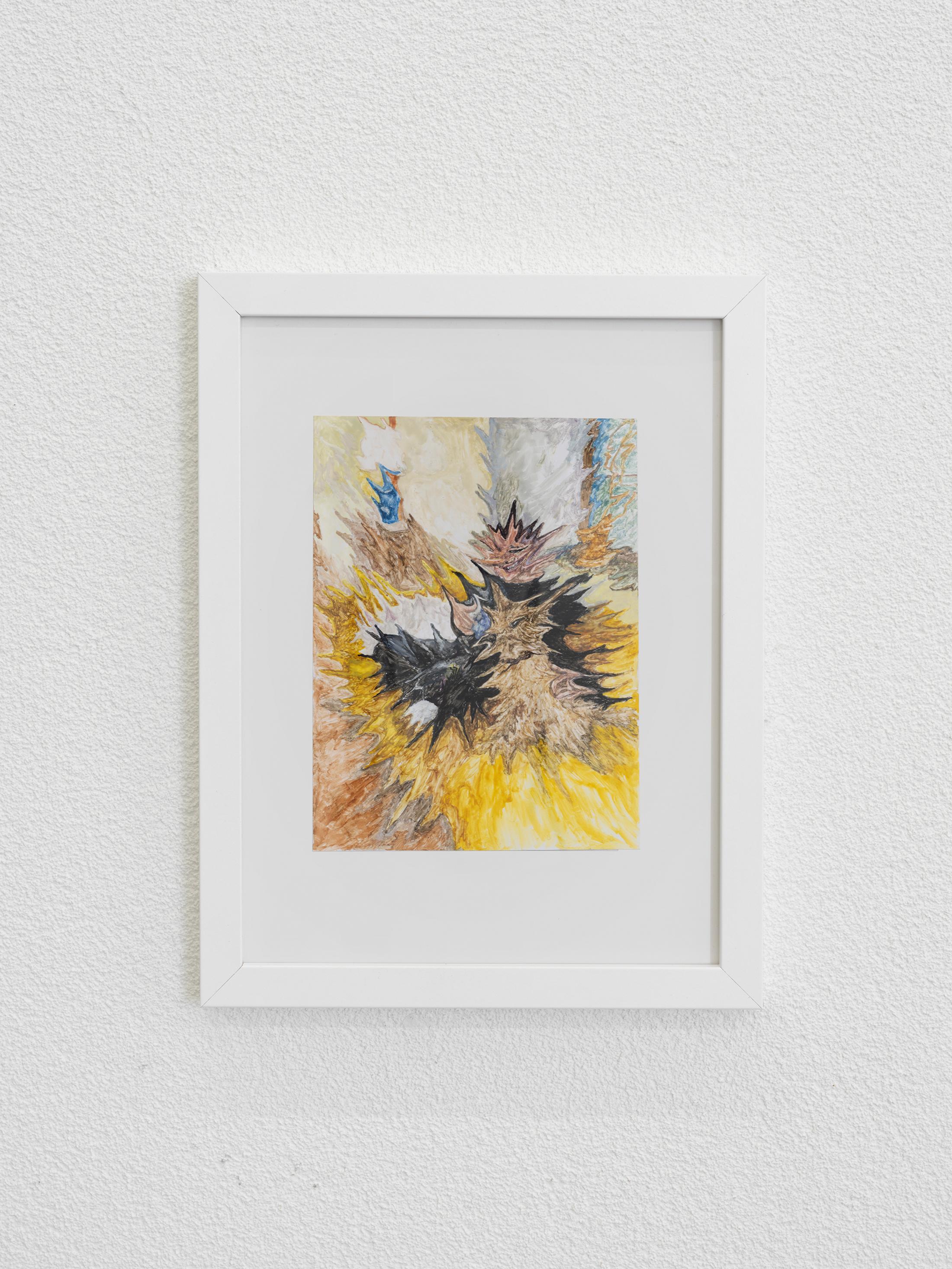 Exhibition View Cassidy Toner Solo Show «Continuity Creep; view on Cassidy Toner, Jean-Claude’s couch, 2023, watercolor on paper 26,2 x 20,2 cm» at All Stars, Lausanne, 2023 / Photo: Julien Gremaud / Courtesy: the artist and All Stars