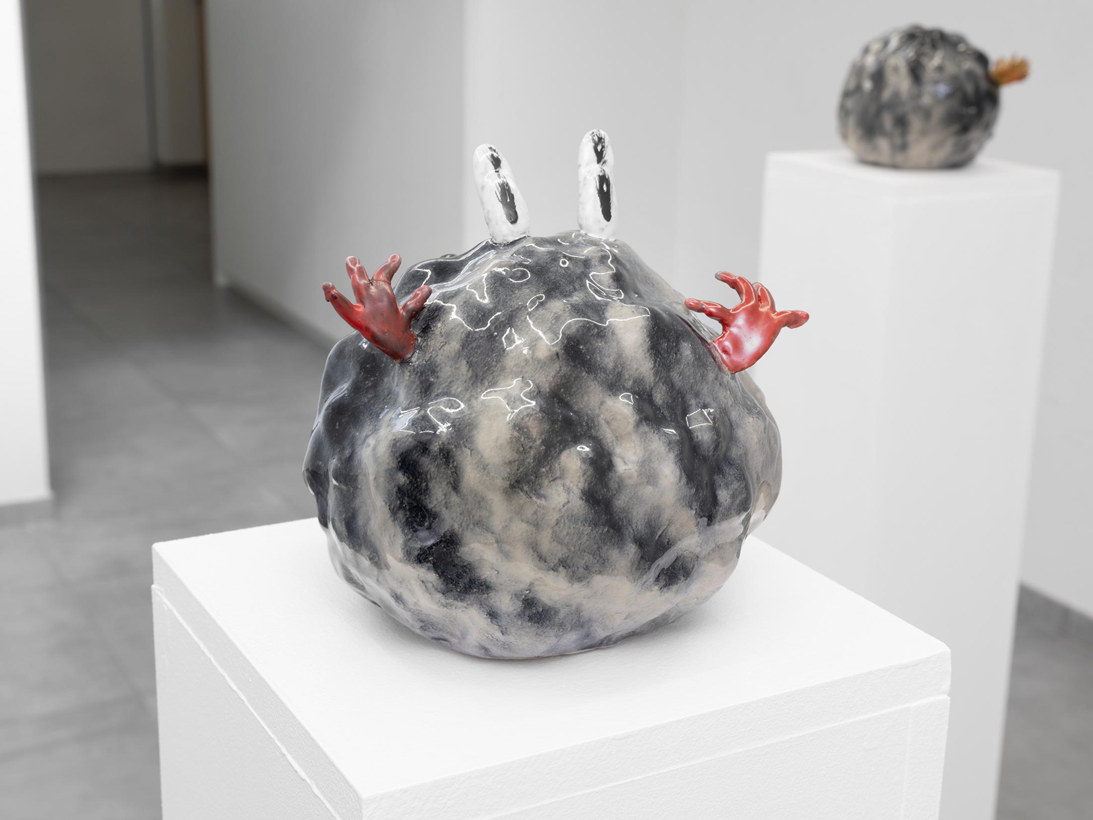 Exhibition View Cassidy Toner Solo Show «Continuity Creep; view on Cassidy Toner, Family-Unfriendly Violence #3, 2023, hand painted ceramic, 16 x 16 x 16 cm» at All Stars, Lausanne, 2023 / Photo: Julien Gremaud / Courtesy: the artist and All Stars