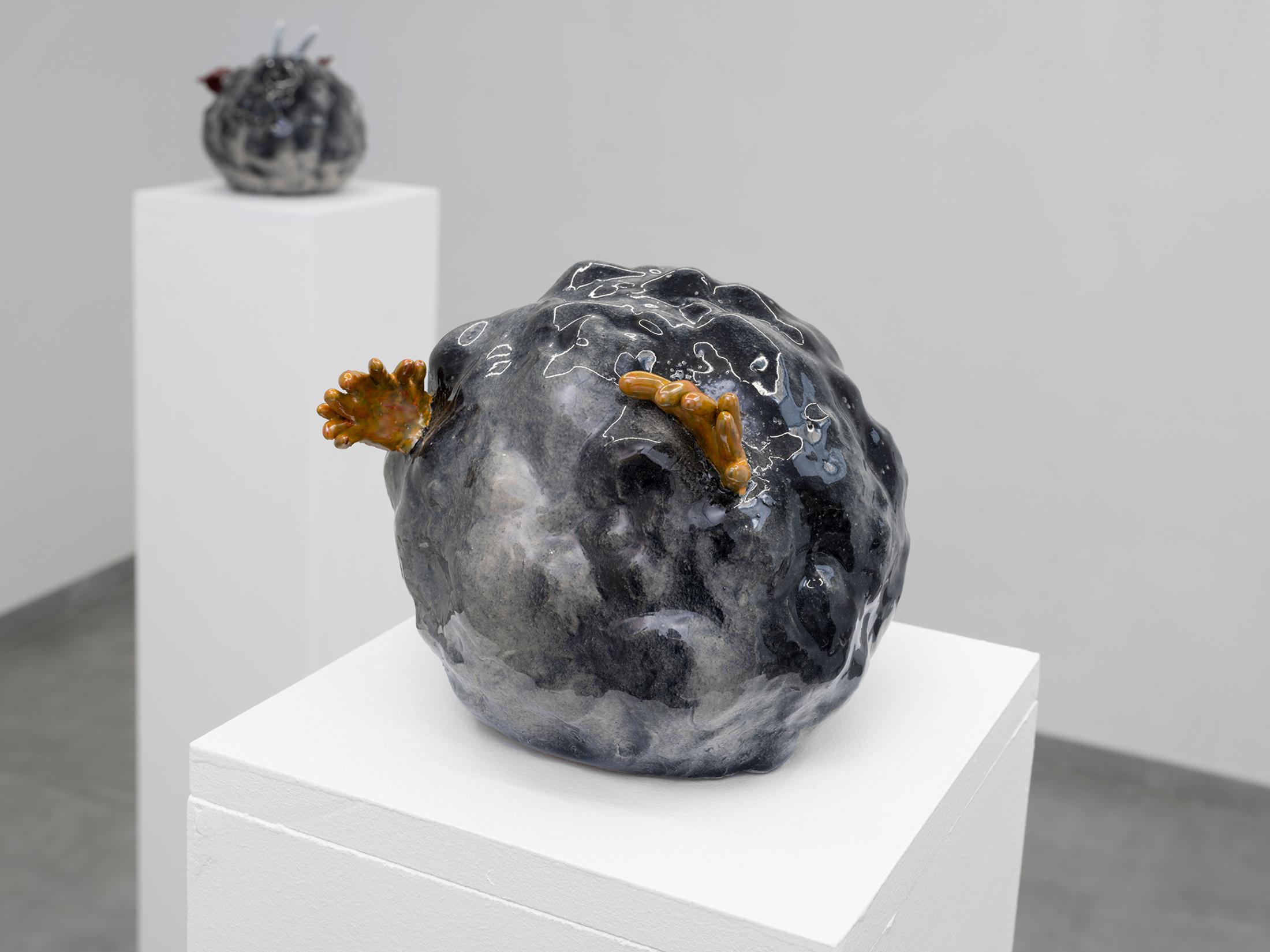 Exhibition View Cassidy Toner Solo Show «Continuity Creep; view on Cassidy Toner, Family-Unfriendly Violence #2, 2023, hand painted ceramic, 16 x 16 x 16 cm» at All Stars, Lausanne, 2023 / Photo: Julien Gremaud / Courtesy: the artist and All Stars