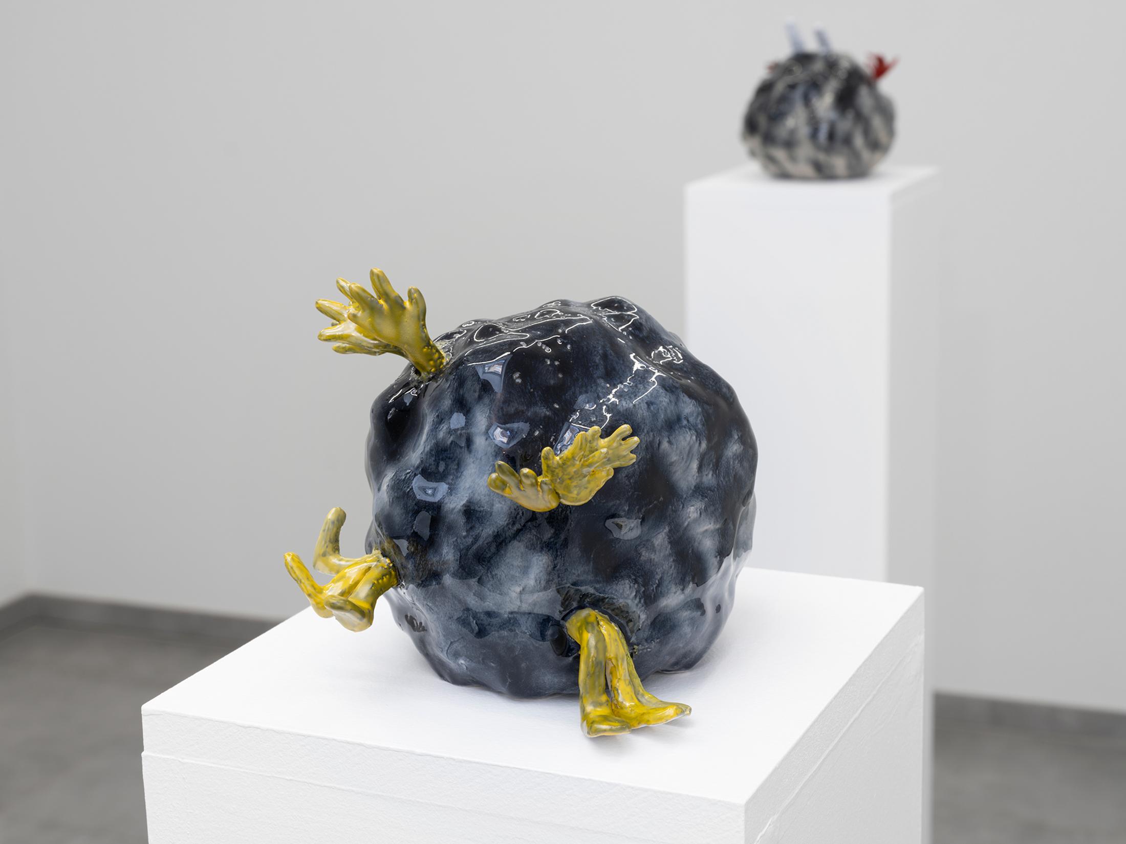 Exhibition View Cassidy Toner Solo Show «Continuity Creep; view on Cassidy Toner, Family-Unfriendly Violence #1, 2023, hand painted ceramic, 16 x 16 x 16 cm» at All Stars, Lausanne, 2023 / Photo: Julien Gremaud / Courtesy: the artist and All Stars