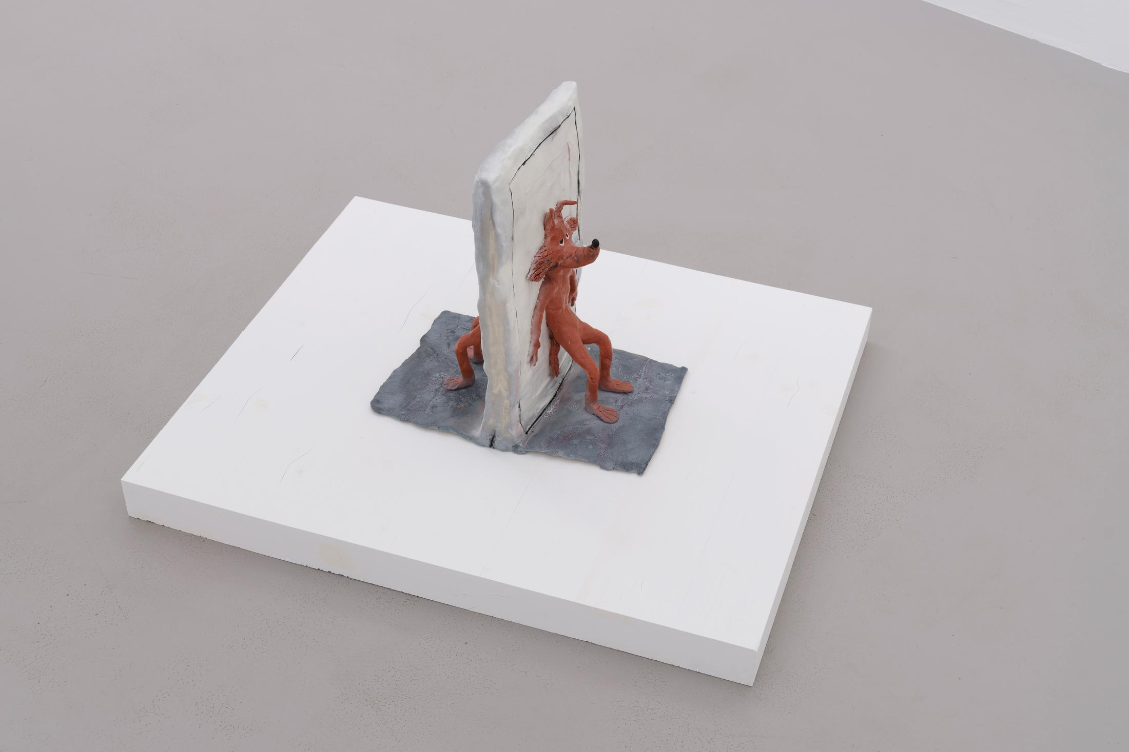 Exhibition View Cassidy Toner Solo Show «Subverting expectations with bad humor and mediocre output; view on Cassidy Toner, Wile E. Coyote wanted a bicycle but now he has to pedal (Give 'em what they want), 2022, spray-paint on clay, 40 x 38 x 24 cm» at GALERIE PHILIPPZOLLINGER, Zurich, 2022 / Photo: Conradin Frei / Courtesy: the artist and GALERIE PHILIPPZOLLINGER