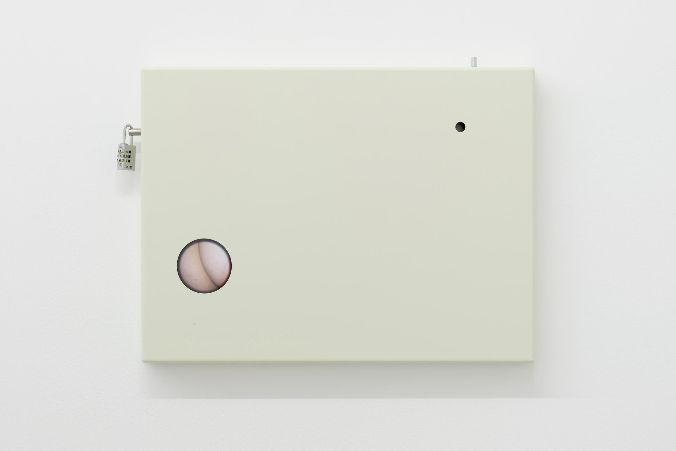 Exhibition View Cassidy Toner Solo Show «Subverting expectations with bad humor and mediocre output; view on Cassidy Toner, ...and compliments to my mother (Étant donnés B-side), 2022, metal, glass, photography, lock, 36 x 46 x 4 cm» at GALERIE PHILIPPZOLLINGER, Zurich, 2022 / Photo: Conradin Frei / Courtesy: the artist and GALERIE PHILIPPZOLLINGER