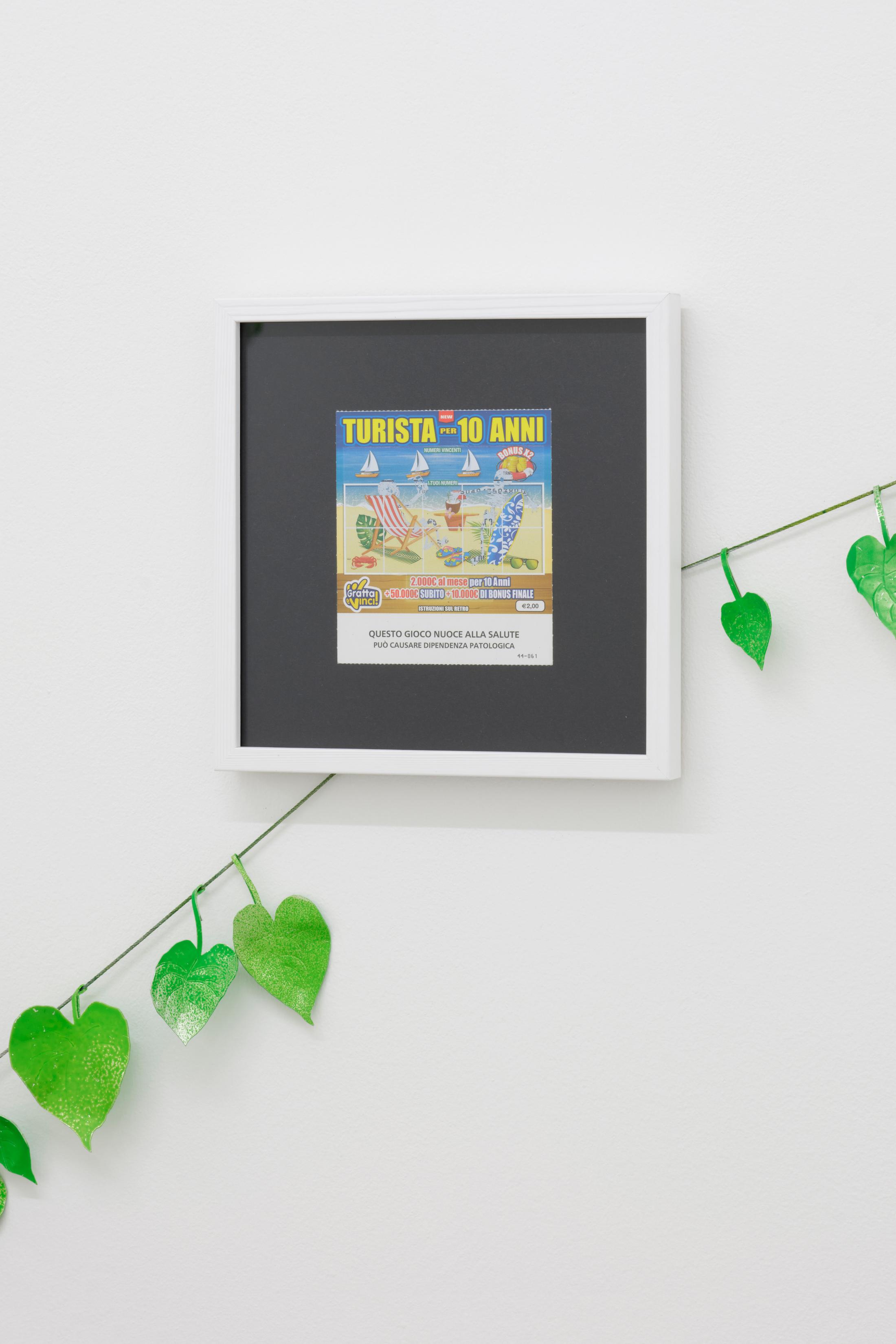 Exhibition View Cassidy Toner Solo Show «Subverting expectations with bad humor and mediocre output; view on Cassidy Toner, Let me know how it turns out, 2022, scratch-off lottery ticket, 21 x 21 cm» at GALERIE PHILIPPZOLLINGER, Zurich, 2022 / Photo: Conradin Frei / Courtesy: the artist and GALERIE PHILIPPZOLLINGER