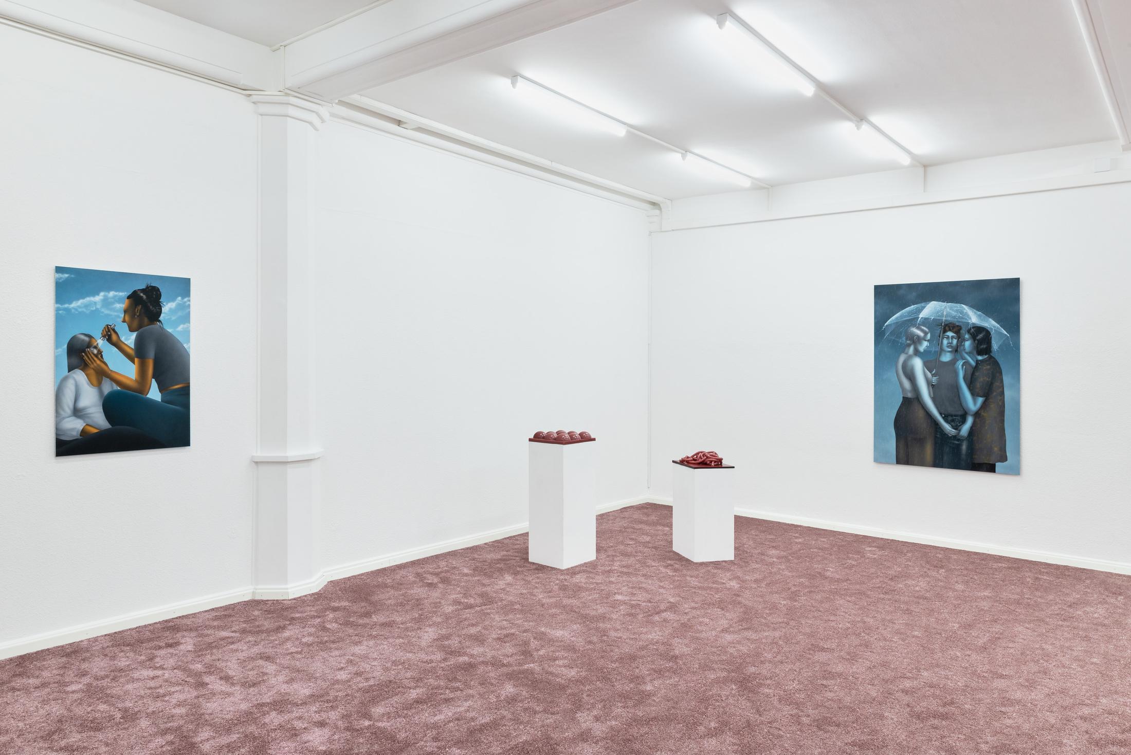 Exhibition View Group Show «TIES AND KNOTS AND BANDAGES» at Kronne Couronne, Biel/Bienne, 2022 / Photo: Thalles Piaget / Courtesy: the artists and Krone Couronne
