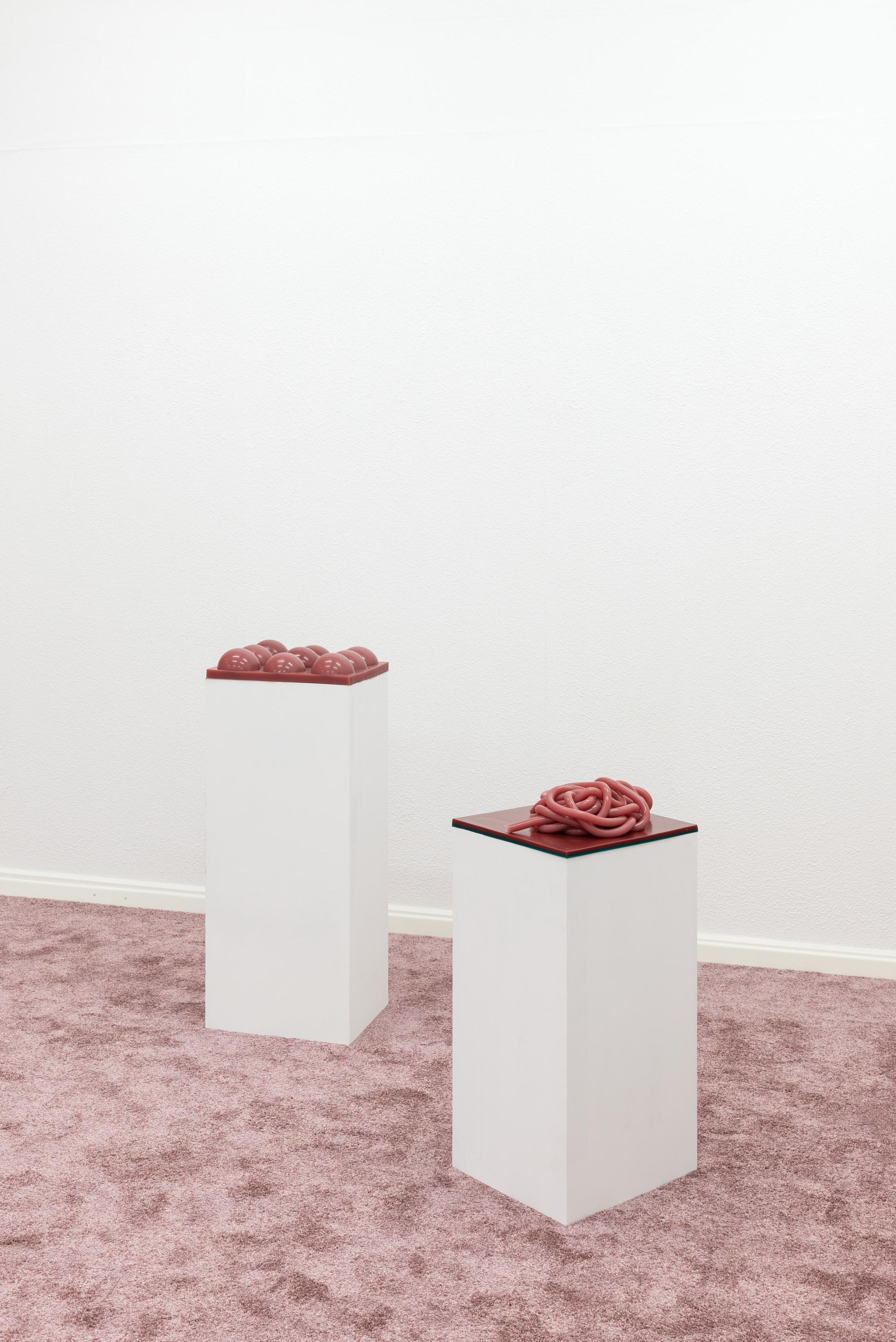 Exhibition View Group Show «TIES AND KNOTS AND BANDAGES; view on Vanessa Safavi, Untitled 3 & 4, from the VACUUM SERIES, 2022, Silicone, pigments, variable dimensions» at Kronne Couronne, Biel/Bienne, 2022 / Photo: Thalles Piaget / Courtesy: the artist and Krone Couronne
