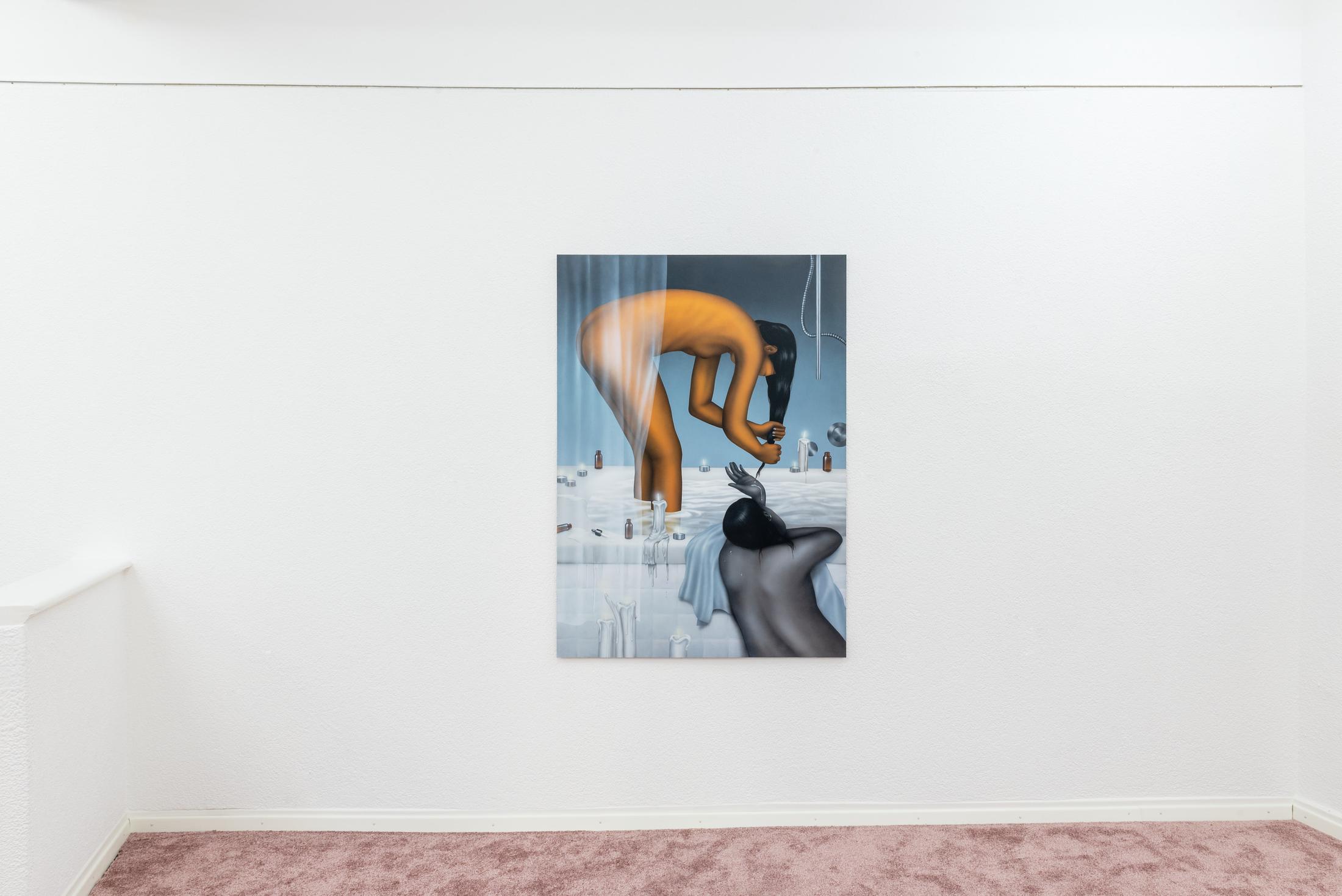 Exhibition View Group Show «TIES AND KNOTS AND BANDAGES; view on Céline Ducrot, Believe me I’m trying, 2022, Acrylic on wood» at Kronne Couronne, Biel/Bienne, 2022 / Photo: Thalles Piaget / Courtesy: the artist and Krone Couronne