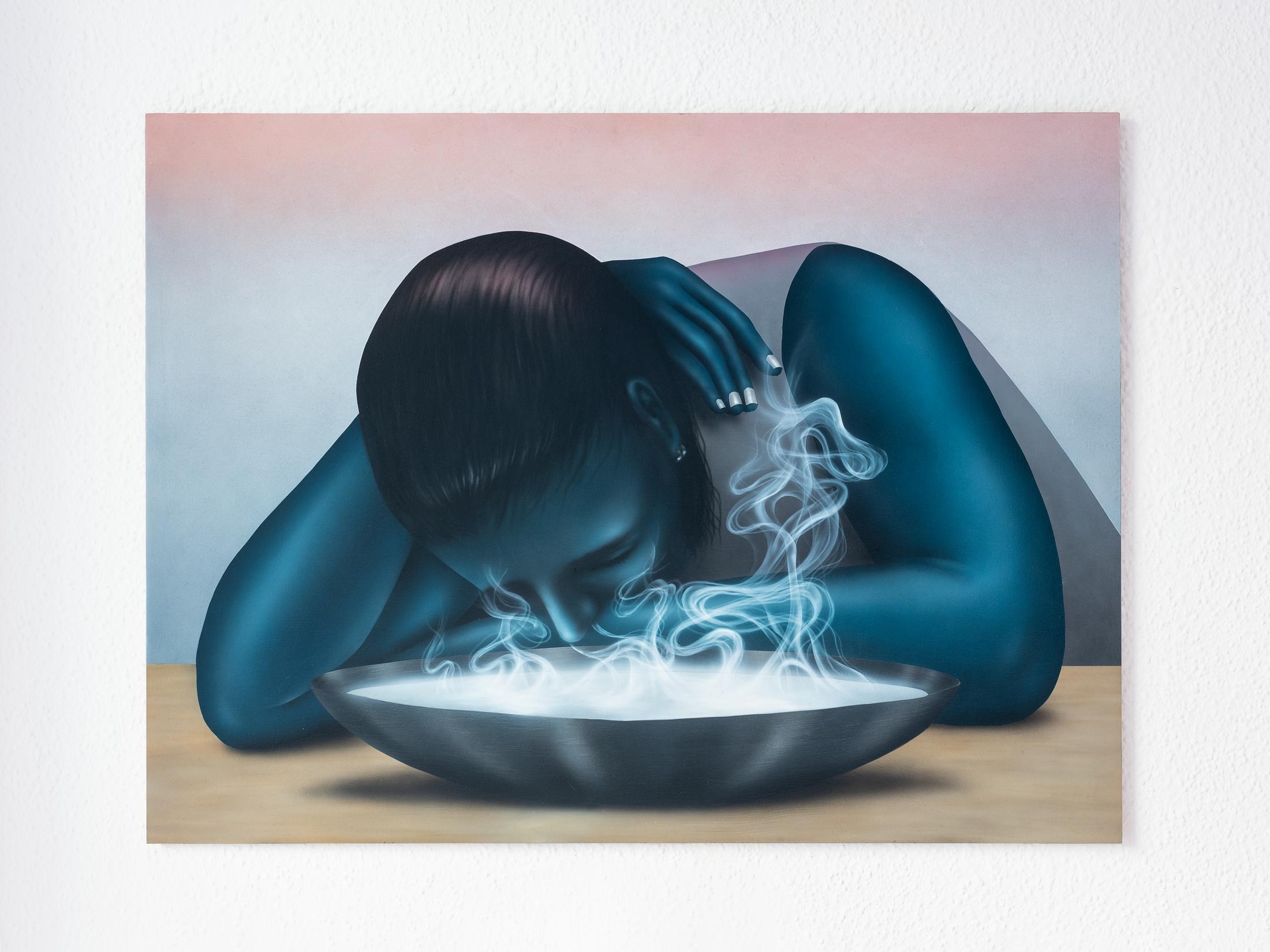 Exhibition View Group Show «TIES AND KNOTS AND BANDAGES; view on Céline Ducrot, I hope this finds you well, 2022, Acrylic on wood» at Kronne Couronne, Biel/Bienne, 2022 / Photo: Thalles Piaget / Courtesy: the artist and Krone Couronne