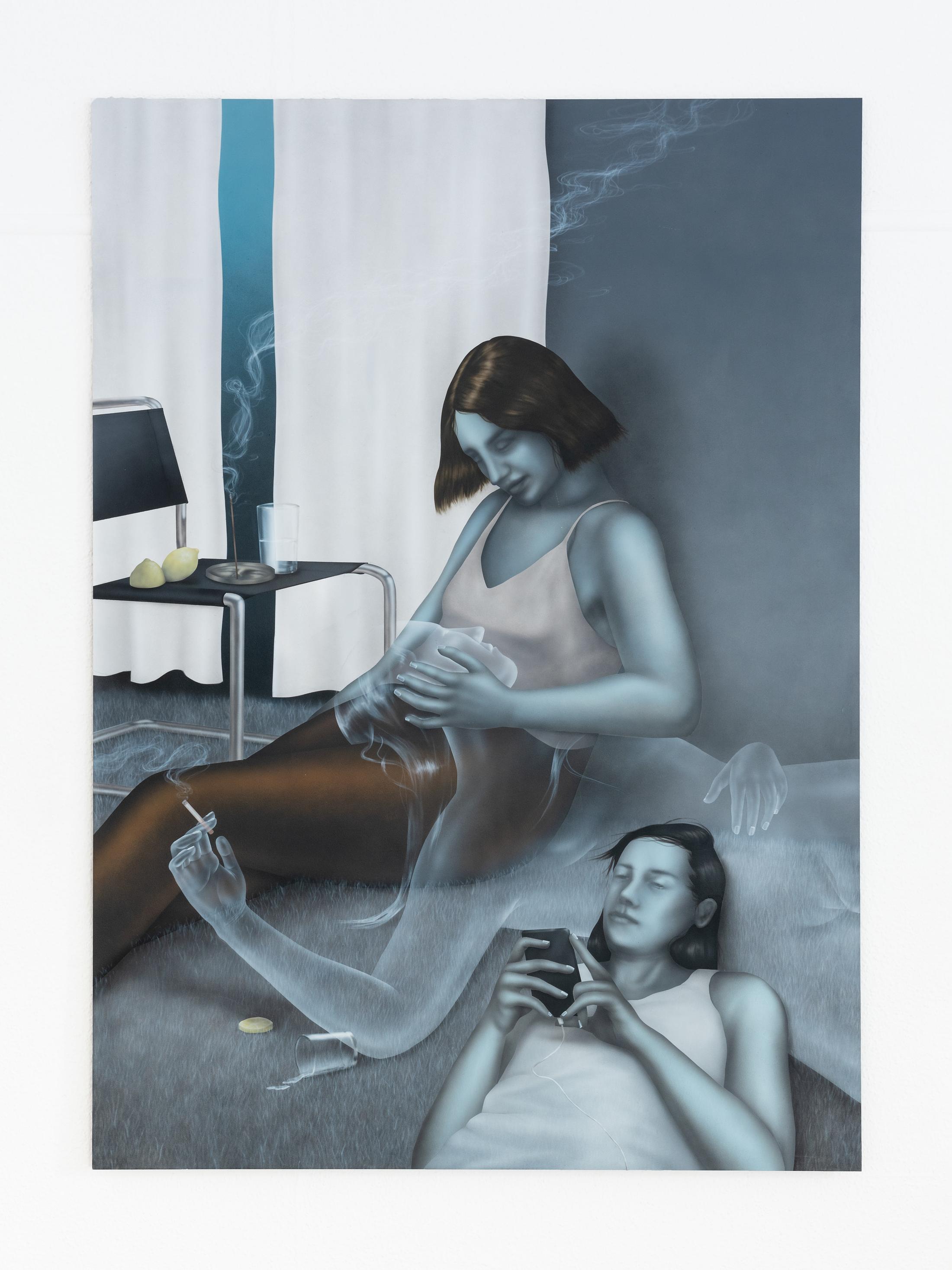 Exhibition View Group Show «TIES AND KNOTS AND BANDAGES; view on Céline Ducrot, Through thick and barely there, 2022, Acrylic on wood» at Kronne Couronne, Biel/Bienne, 2022 / Photo: Thalles Piaget / Courtesy: the artist and Krone Couronne