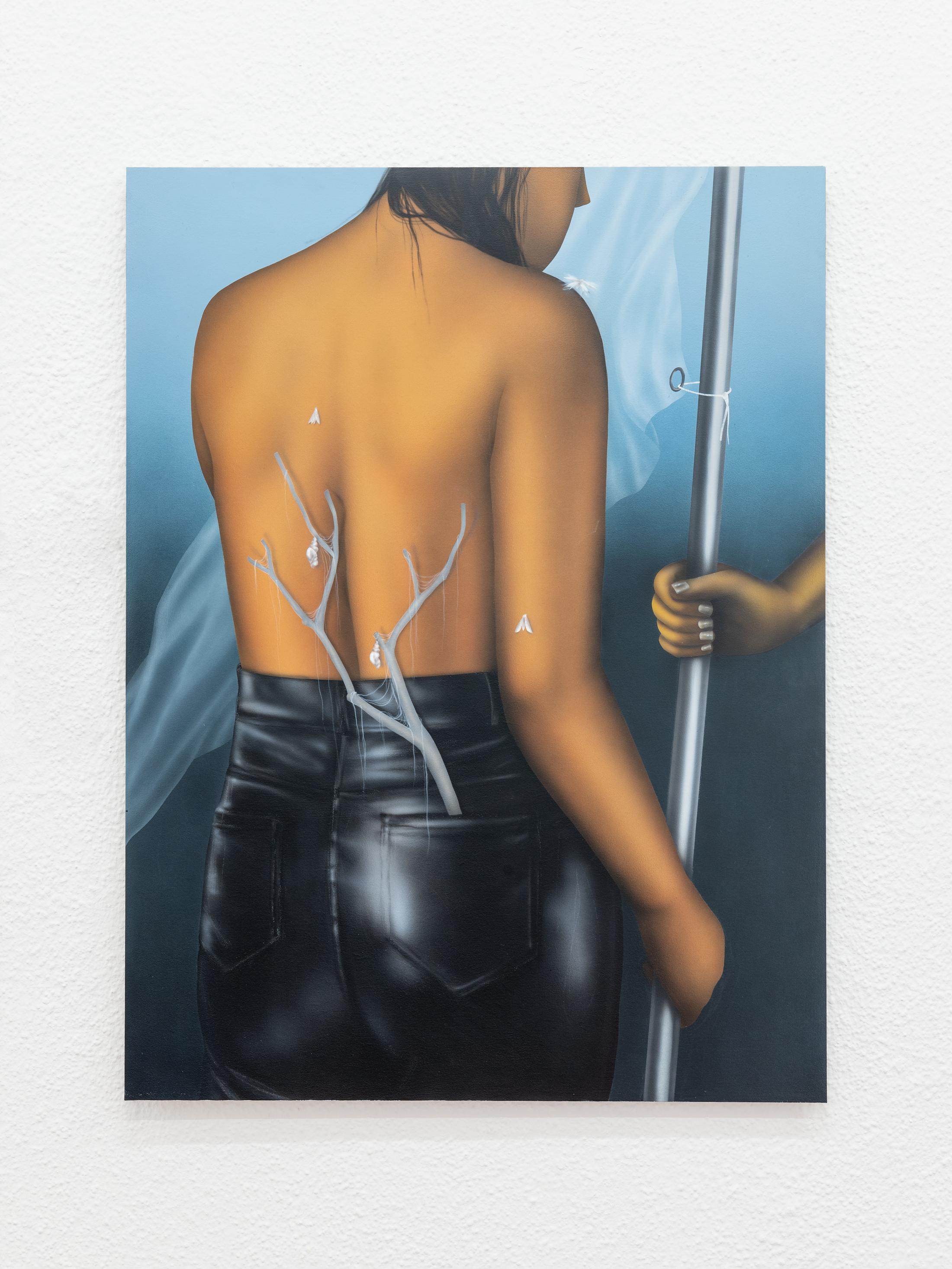 Exhibition View Group Show «TIES AND KNOTS AND BANDAGES; view on Céline Ducrot, Between us, 2022, Acrylic on wood» at Kronne Couronne, Biel/Bienne, 2022 / Photo: Thalles Piaget / Courtesy: the artist and Krone Couronne