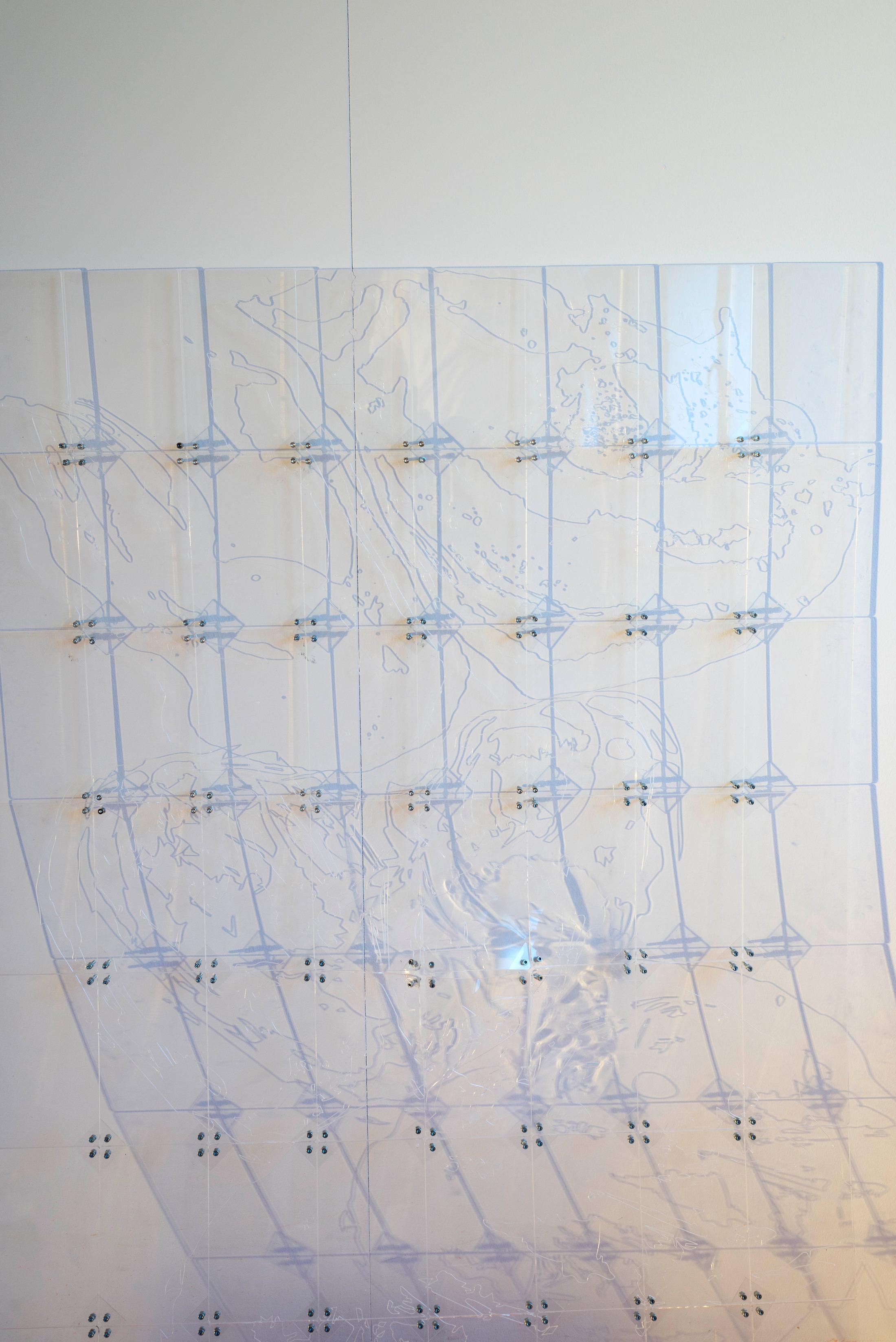 Exhibition View Ceylan Öztrük Soloshow «Am a mollusk, too; re/producing tangents; view on Ceylan Öztrük, A Tangent Model, engraving on acryl and metal screws, 113 x 82 x 0.3 cm, 2020» at Longtang, Zurich, 2020 / Photo: Flavio Karrer / Courtesy: the artist and Longtang