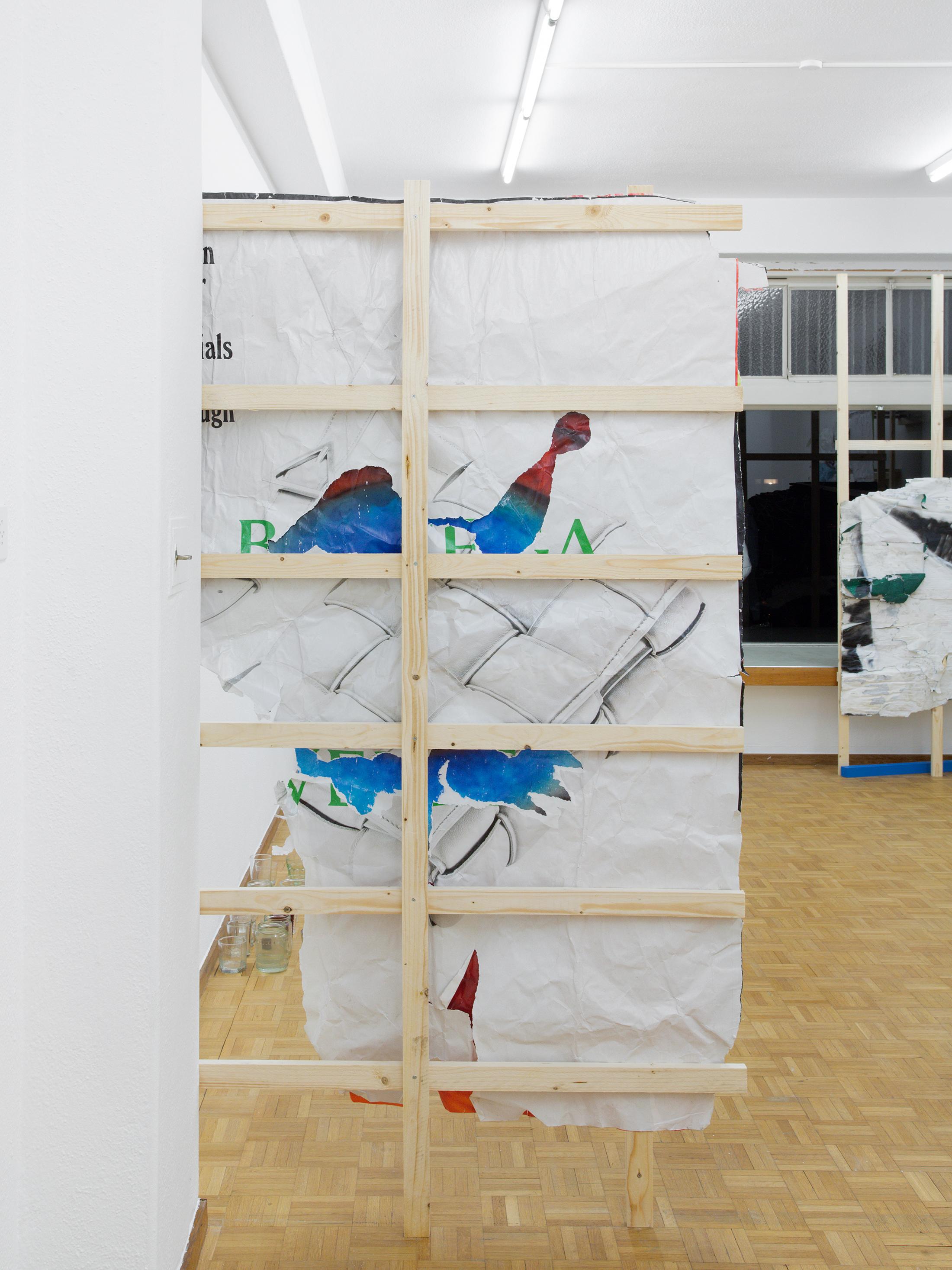 Exhibition View Duo Show «Wet Excess; view on Amina Ross, Hold (6), 2022, Found paper advertisements, wheat paste, rainwater, screws, wood, acrylic latex paint, 200 x 120 x 10cm» at Sentiment, Zurich, 2022 / Photo: Philipp Rupp and Julien Gremaud / Courtesy: the artist and Sentiment