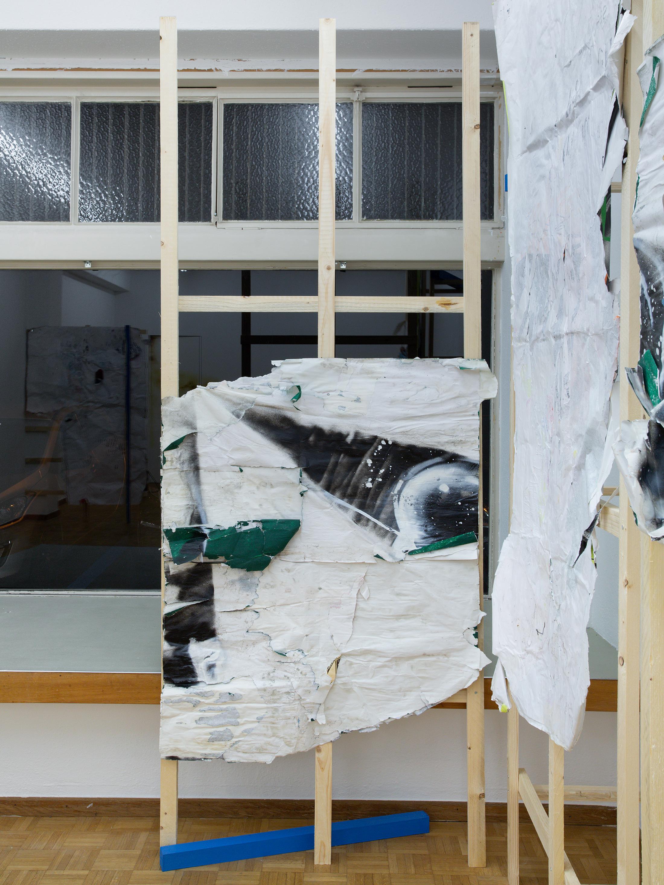 Exhibition View Duo Show «Wet Excess; view on Amina Ross, Hold (3), 2022, Found paper advertisements, wheat paste, rainwater, screws, wood, acrylic latex paint, 250 x 92 x 40cm» at Sentiment, Zurich, 2022 / Photo: Philipp Rupp and Julien Gremaud / Courtesy: the artist and Sentiment