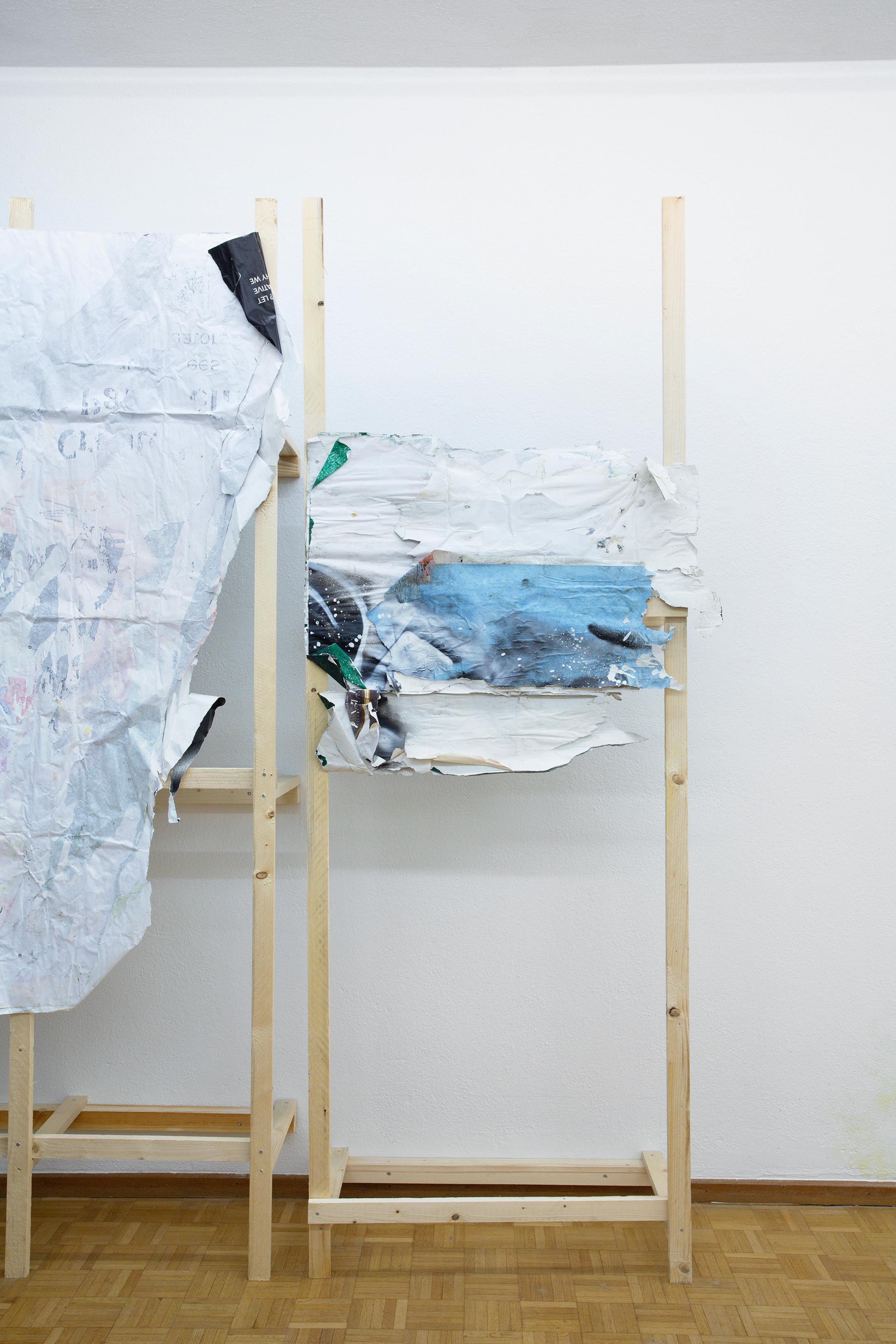 Exhibition View Duo Show «Wet Excess; view on Amina Ross, Hold (5), 2022, Found paper advertisements, wheat paste, rainwater, screws, wood, acrylic latex paint, 250 x 110 x 40cm» at Sentiment, Zurich, 2022 / Photo: Philipp Rupp and Julien Gremaud / Courtesy: the artist and Sentiment