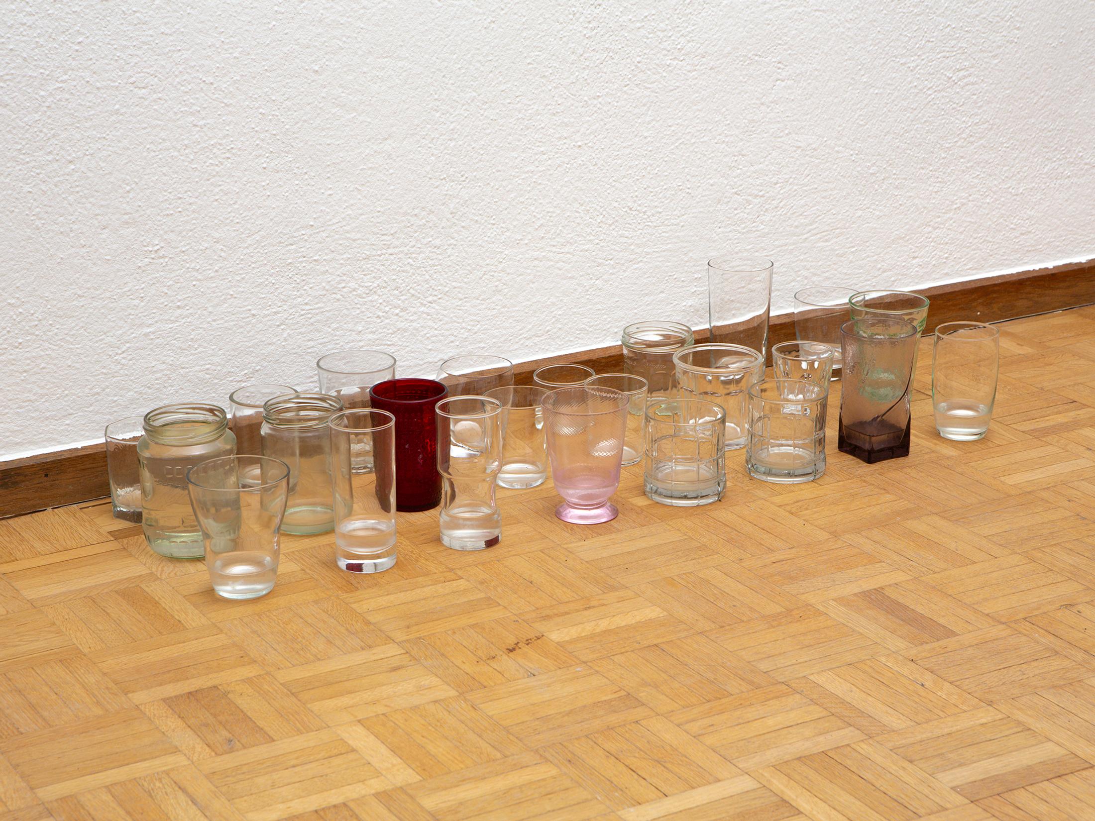 Exhibition View Duo Show «Wet Excess; view on Amina Ross, Untitled, 2020 - ongoing, Glassware, NYC rainwater (upon evaporation, the NYC rainwater is replaced with the one from Zurich)» at Sentiment, Zurich, 2022 / Photo: Philipp Rupp and Julien Gremaud / Courtesy: the artist and Sentiment