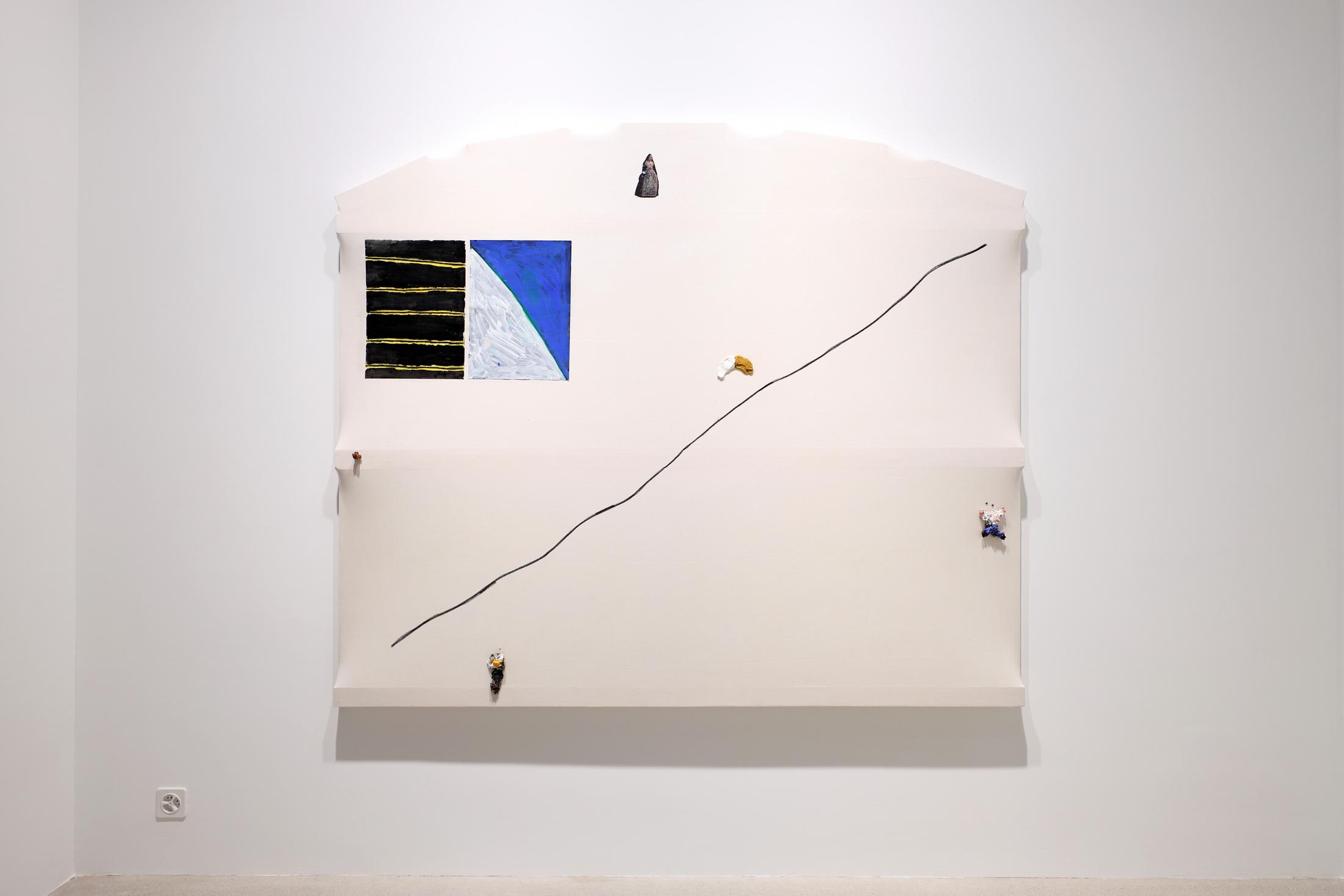 Exhibition View Charles Benjamin Soloshow «Not Again; view on Charles Benjamin, La Menina, 2020, oil and objects on canvas, 170 x 200 x 7.5cm» at Windhager von Kaenel, Zurich, 2020 / Courtesy: the artist and Windhager von Kaenel