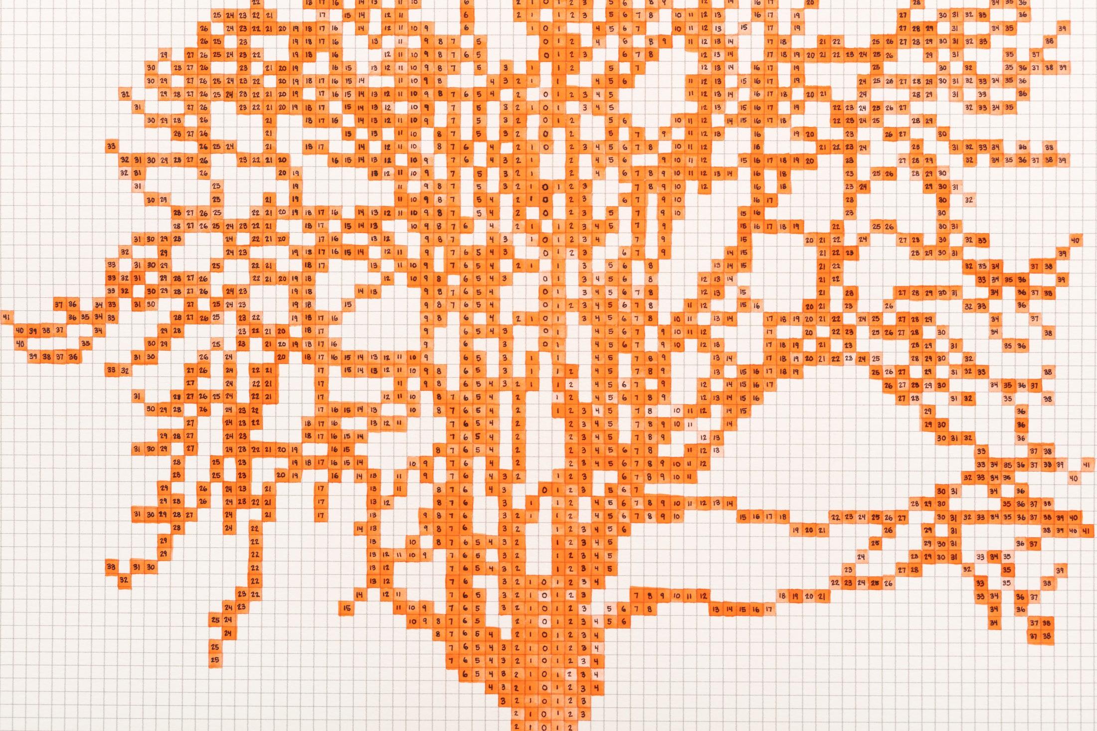 Exhibition View Charles Gaines Soloshow «Drawings; view on Numbers and Trees: Assorted Trees #6, Orange (Red Shade) Trees, Tree K, 2019» at Hauser & Wirth, St. Moritz, 2020 / Photo: Fredrik Nilsen / © Charles Gaines / Courtesy: the artist and Hauser & Wirth